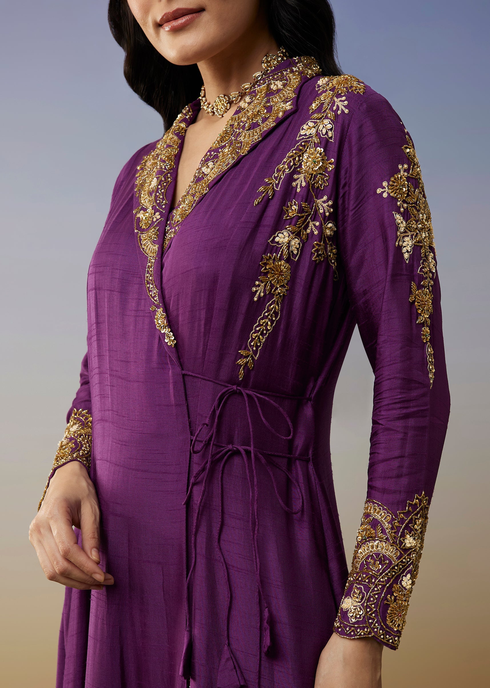 Purple Silk Anarkali Suit with Cut Dana Sequins Work - Image 2