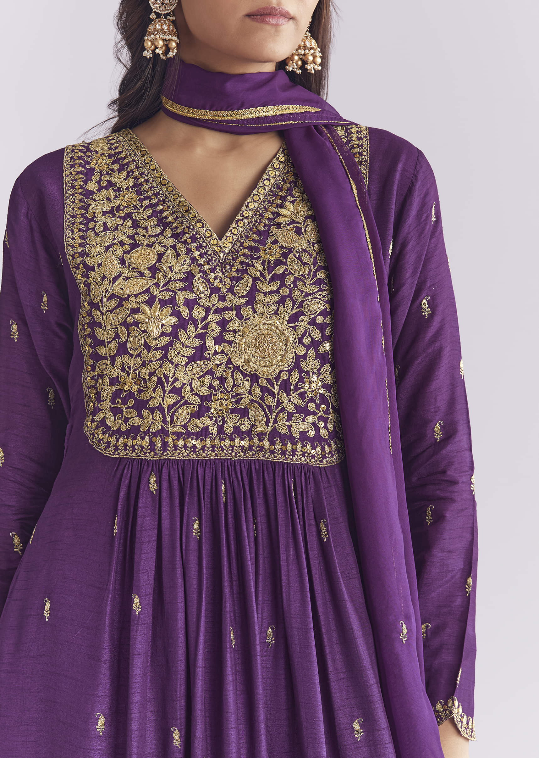 Purple Silk Anarkali Suit With Zari Thread Work - Image 2