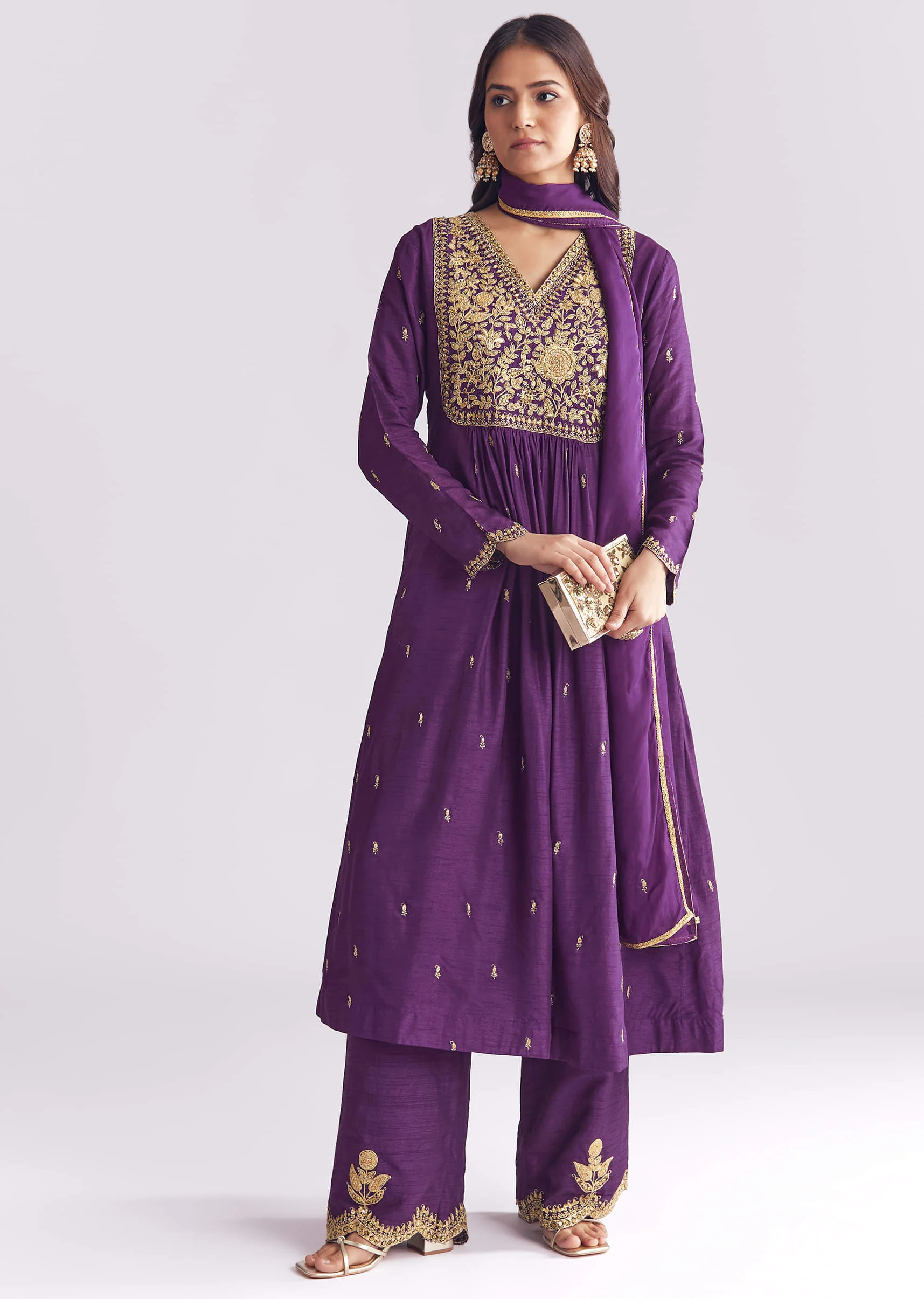 Purple Silk Anarkali Suit With Zari Thread Work - Image 3