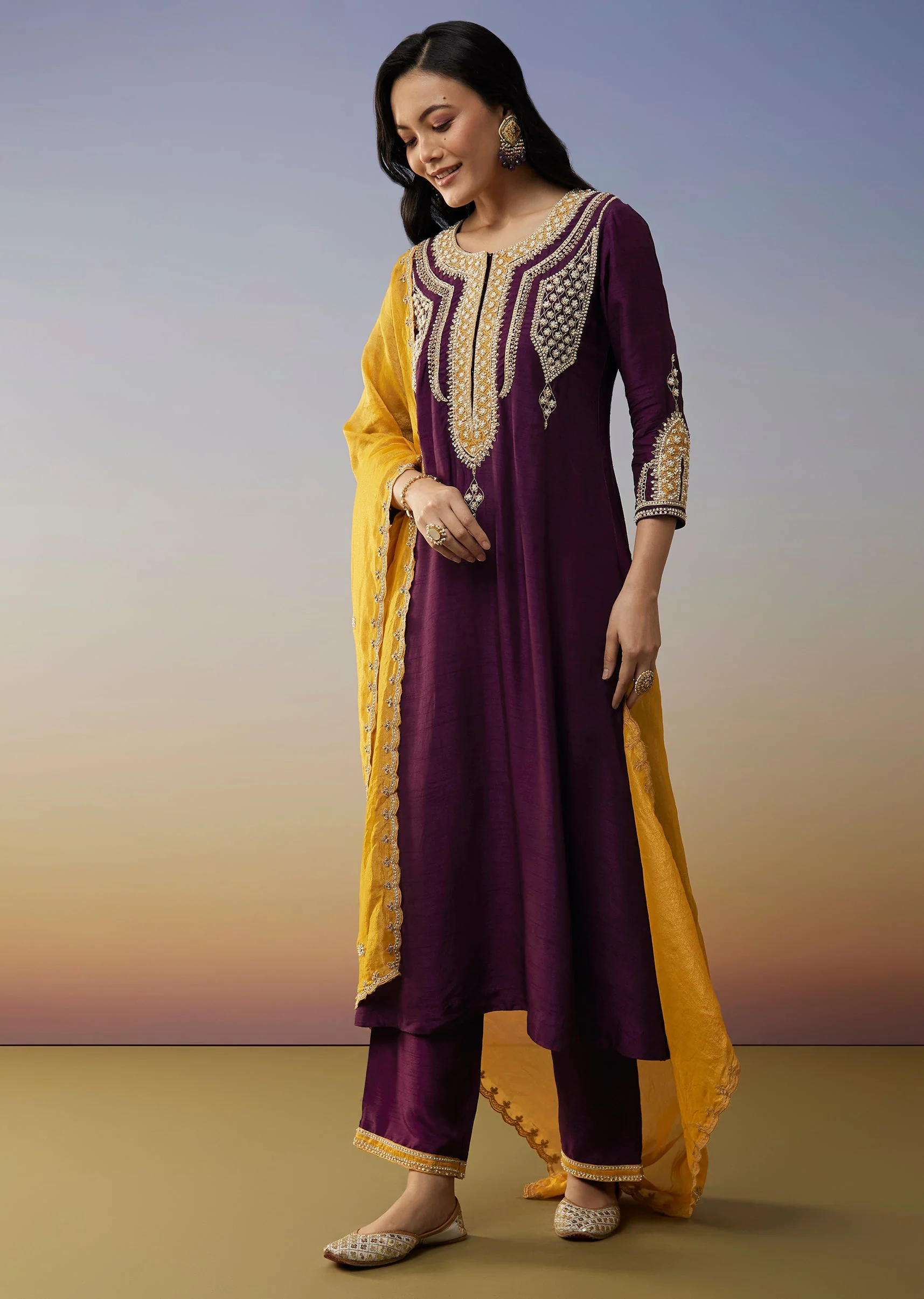 Purple Silk Anarkali Suits with Moti and Sequins Work - Image 3