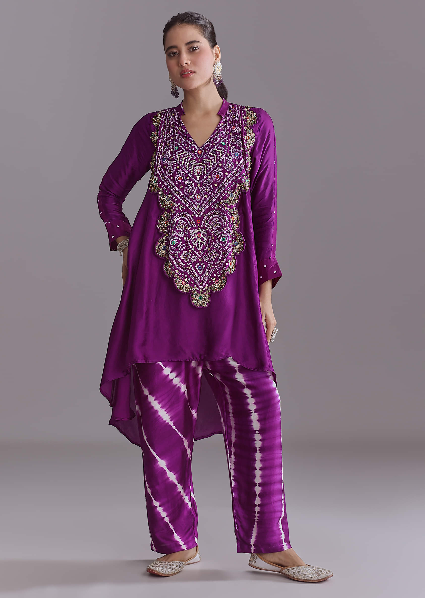Purple Silk Co-Ord Set With Traditional Bandhani And Leheriya Print - Image 3