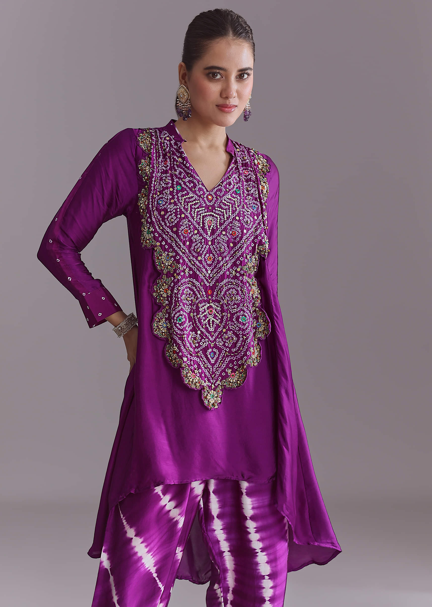 Purple Silk Co-Ord Set With Traditional Bandhani And Leheriya Print - Image 4