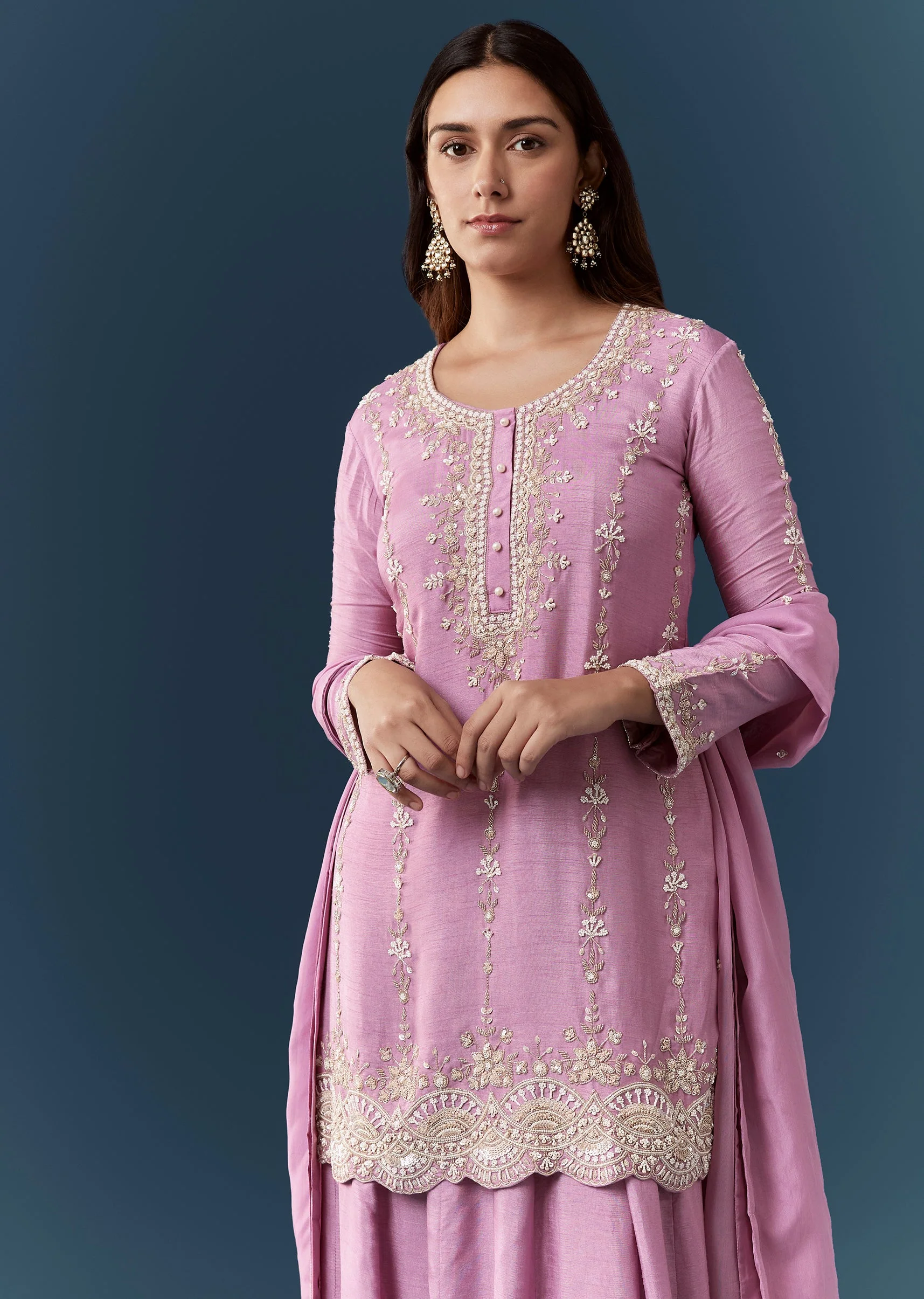 Purple Silk Embroidered Kurta and Skirt Set - Image 4