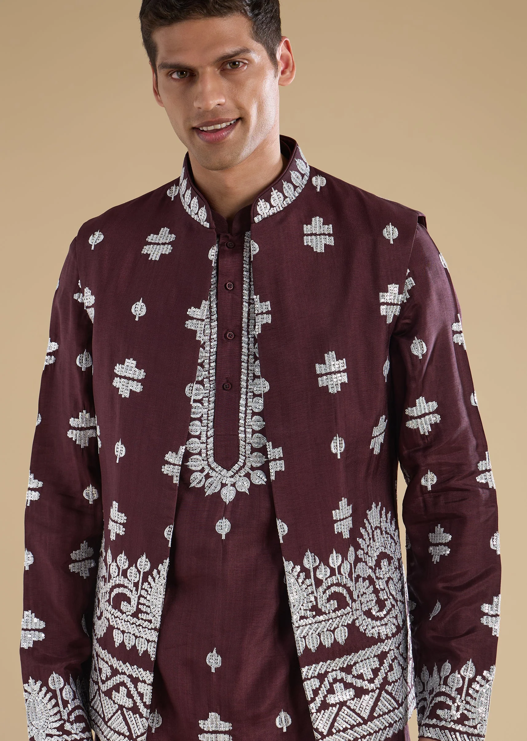 Purple Silk Embroidered Kurta Jacket Set - Image 2