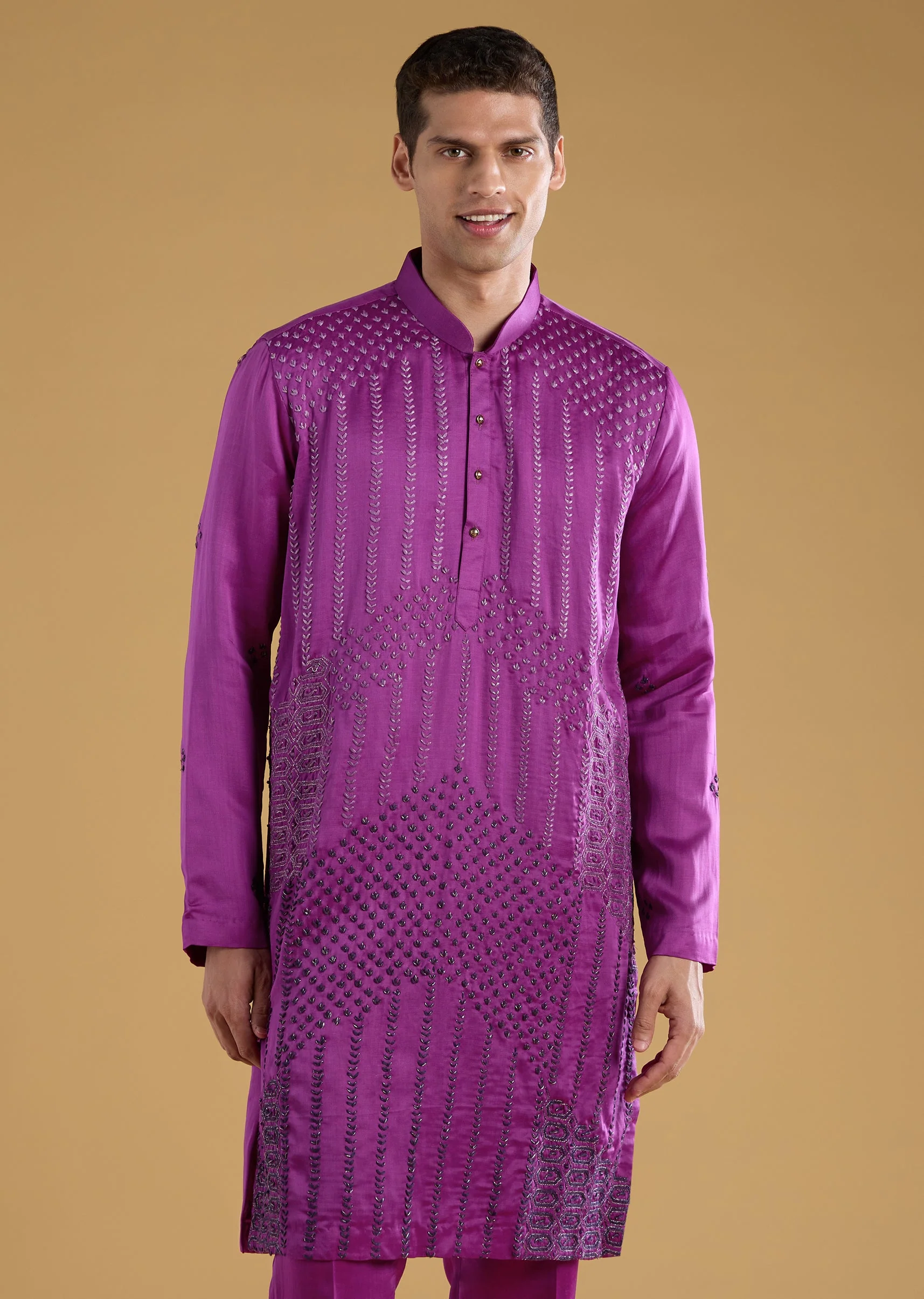 Purple Silk Embroidered Men's Kurta Set with Dupatta - Image 6