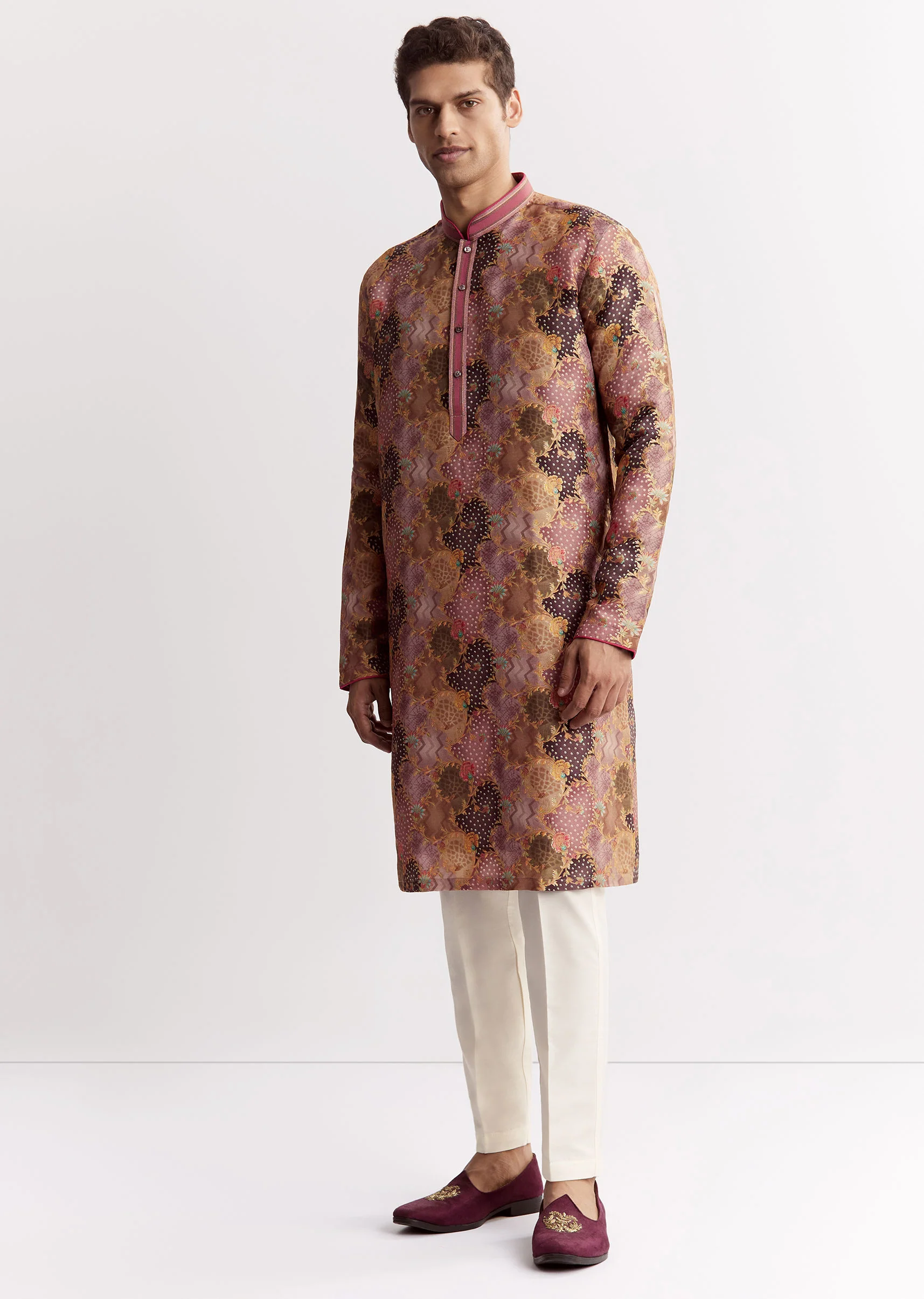 Purple Silk Floral Printed Kurta Set With Mandarin Collar - Image 2