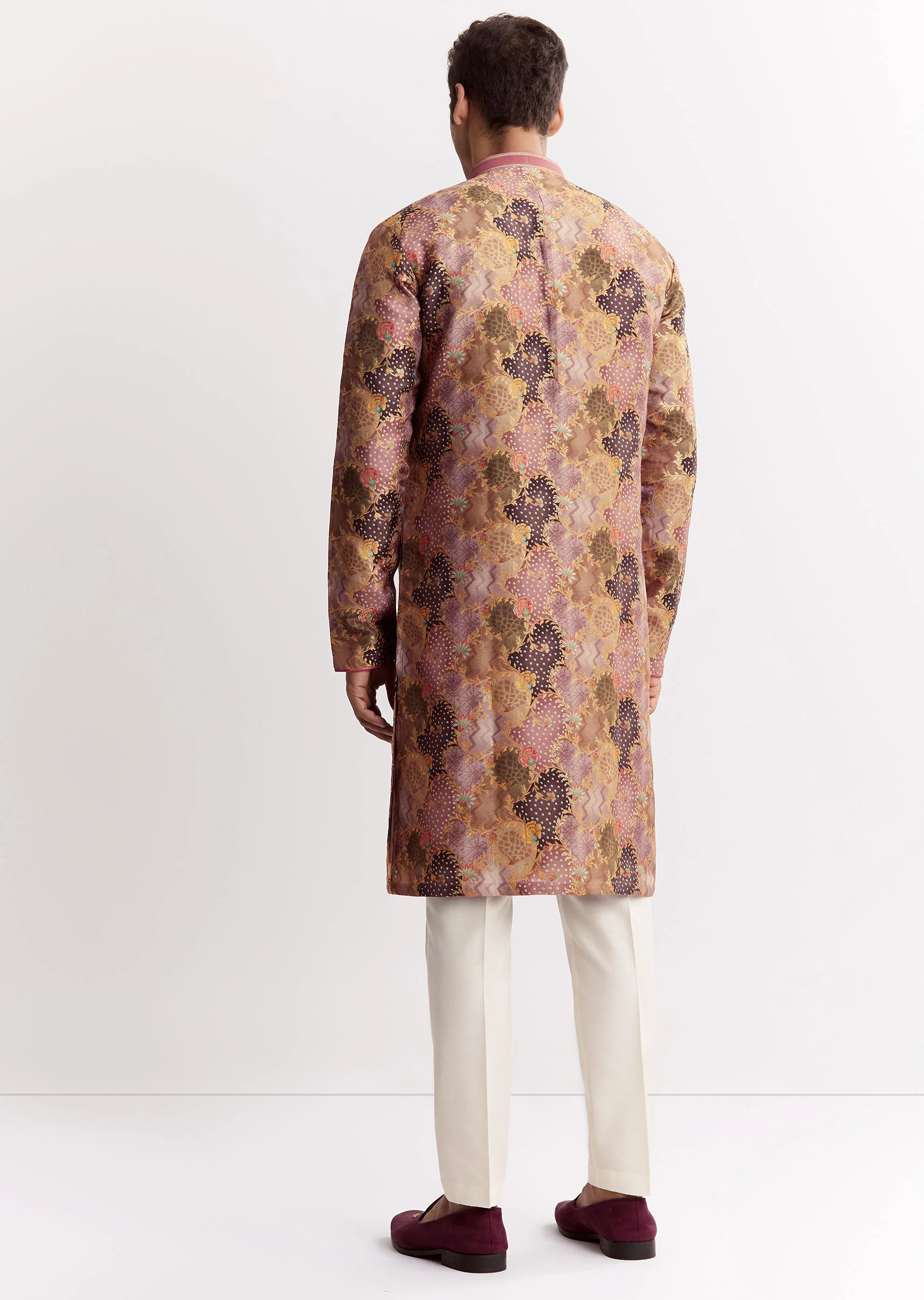Purple Silk Floral Printed Kurta Set With Mandarin Collar - Image 5