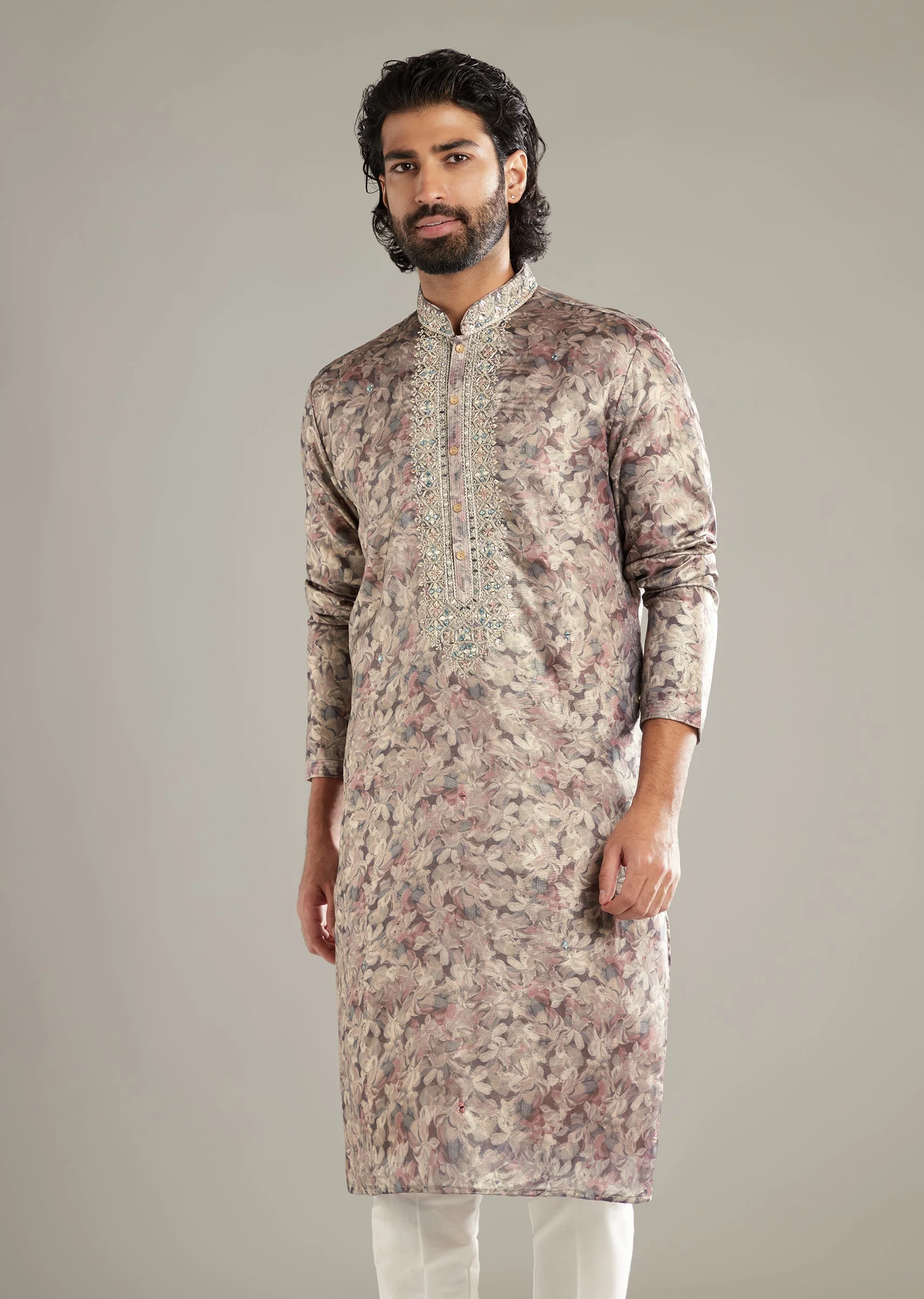 Purple Silk Kurta Set For Men With Floral Print Mirror And Resham Work - Image 4