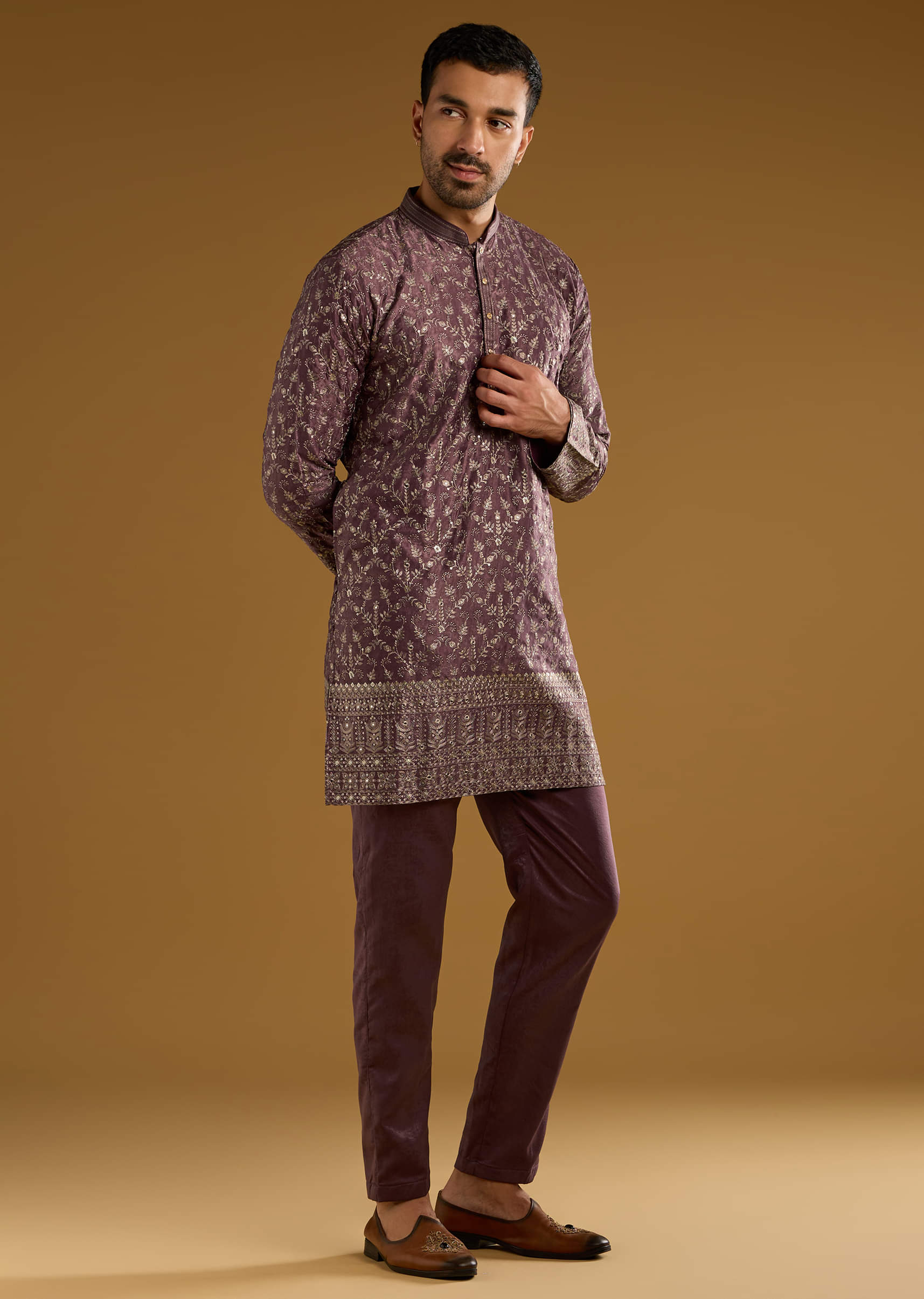 Purple Silk Kurta Set For Men With Intricate Hand Embroidery - Image 3
