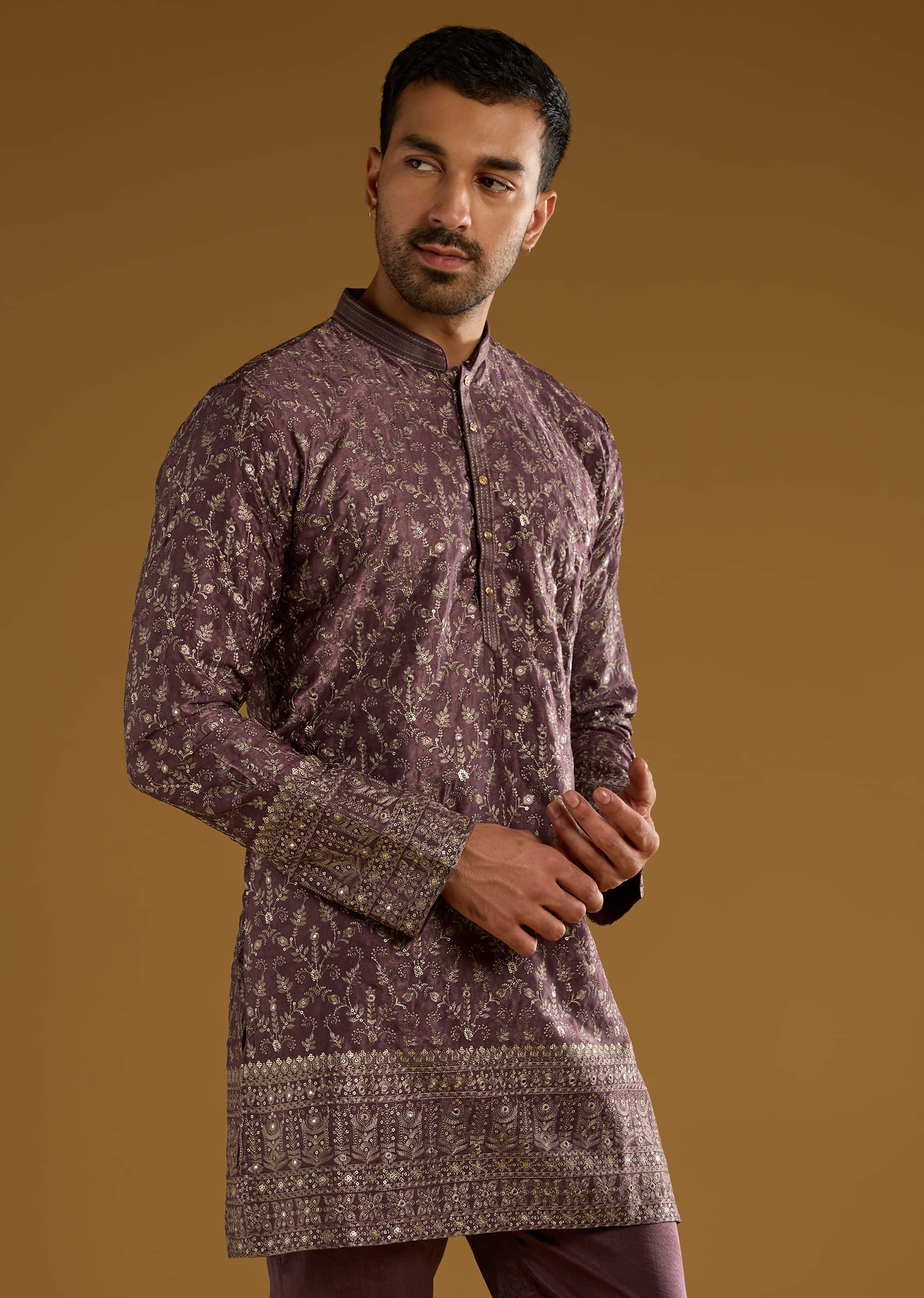 Purple Silk Kurta Set For Men With Intricate Hand Embroidery - Image 4