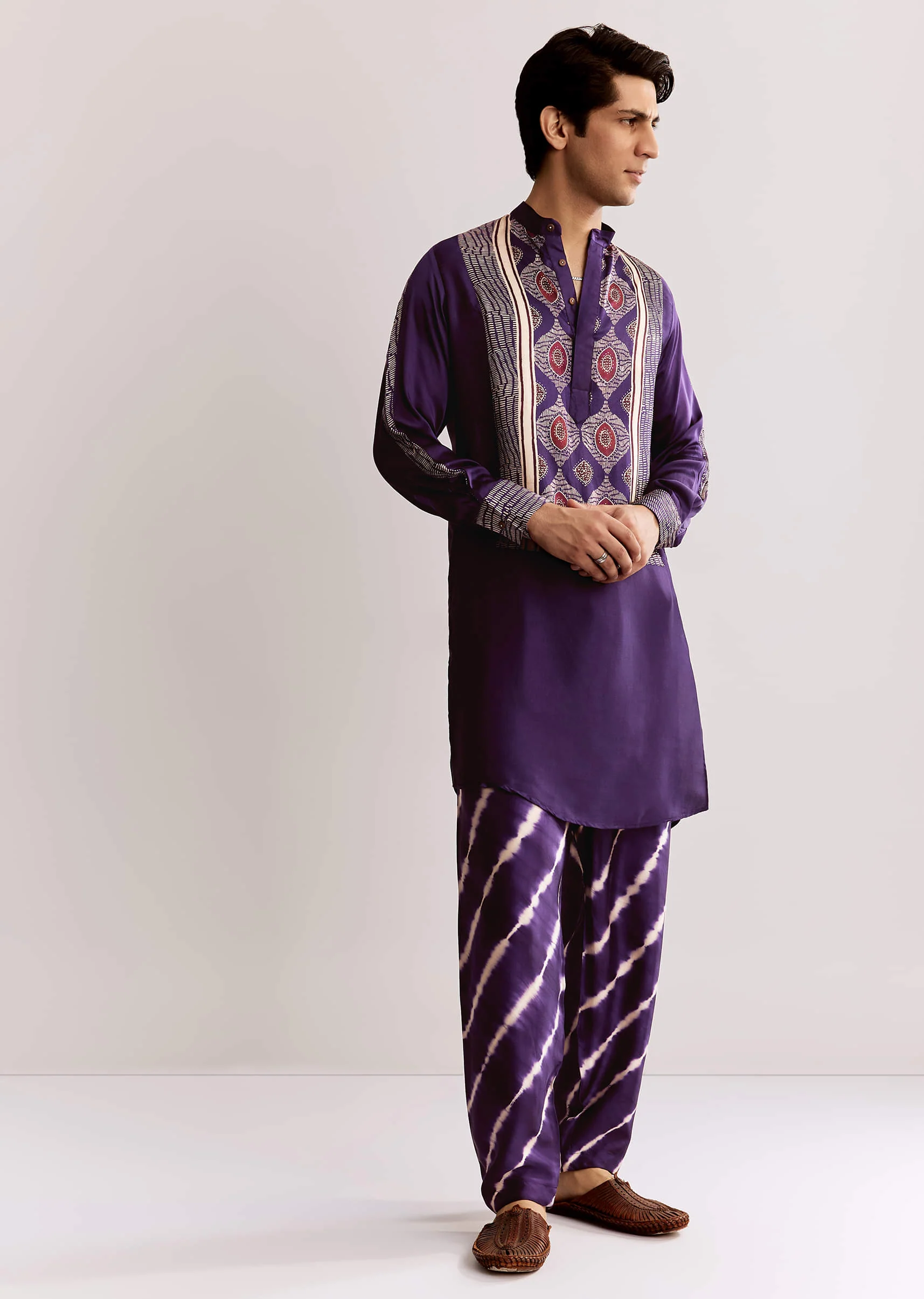 Purple Silk Kurta Set With Ajrakh Print - Image 2