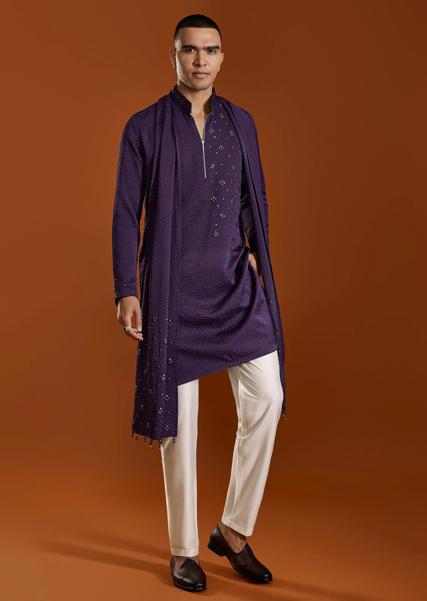 Purple Silk Kurta Set With Dupatta - Image 3