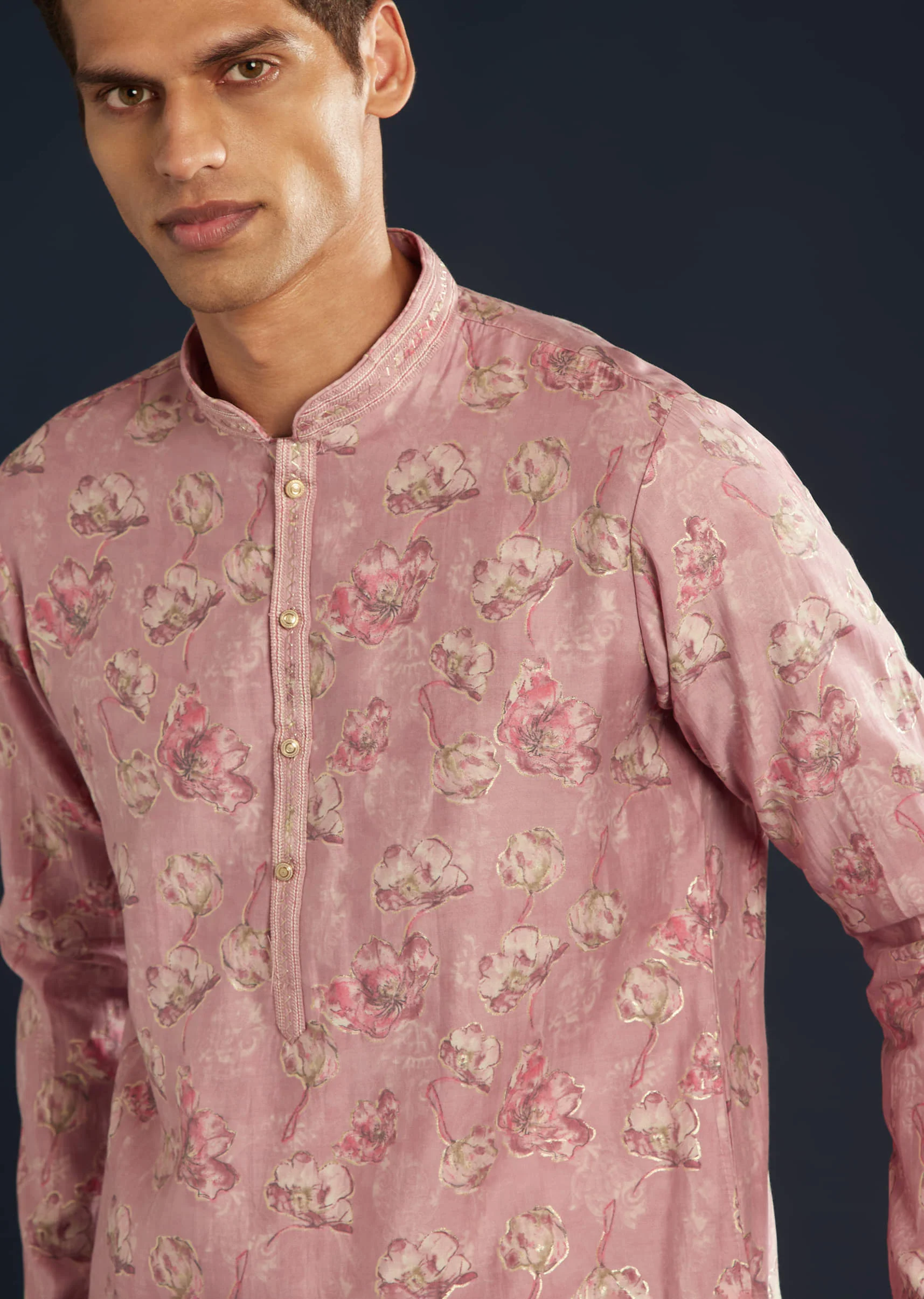 Purple Silk Mens Kurta Set with Floral Motifs - Image 2