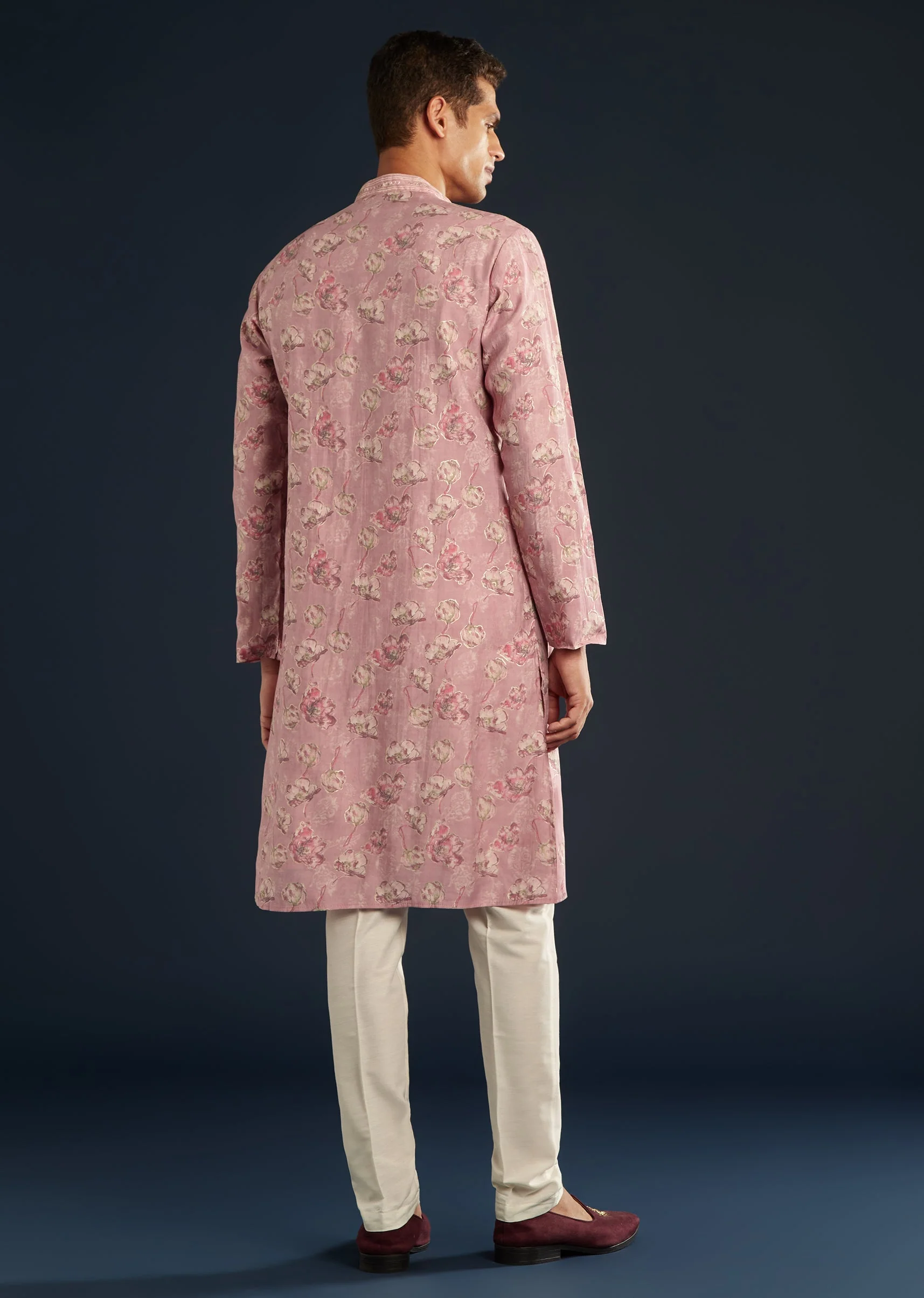 Purple Silk Mens Kurta Set with Floral Motifs - Image 5