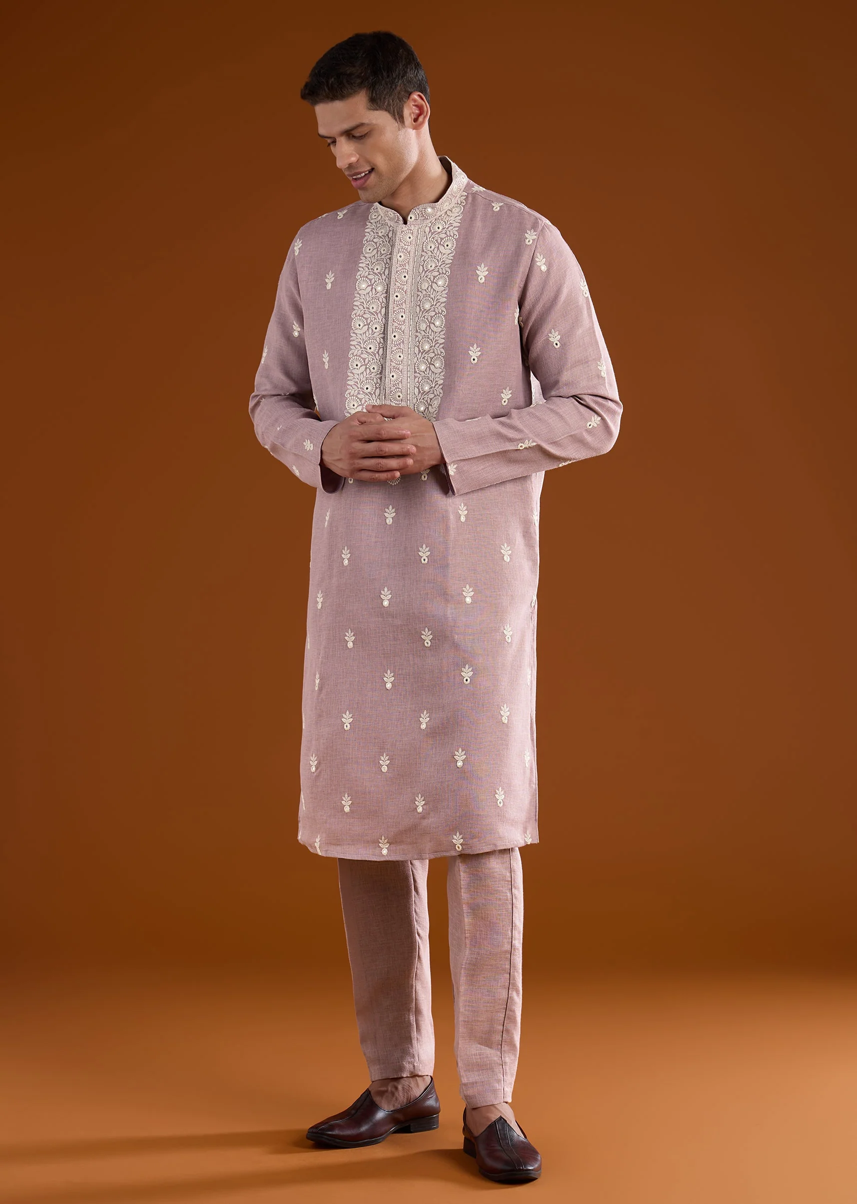 Purple Silk Mens Kurta Set With Thread Resham And Mirror Work