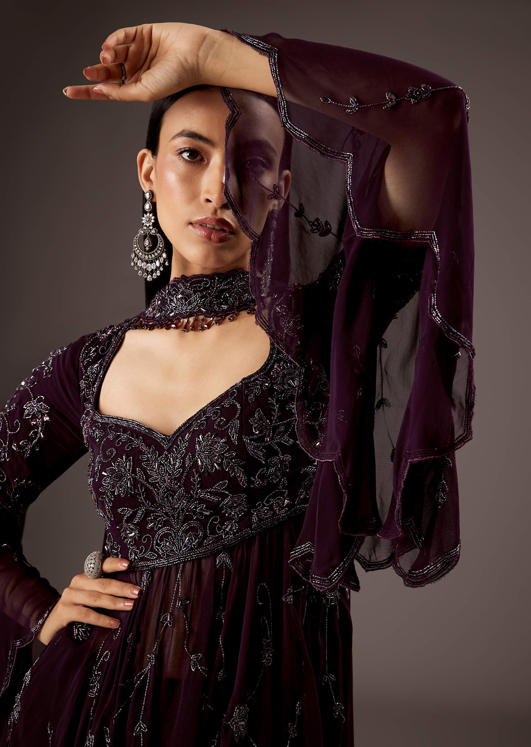 Purple Silk Palazzo Suit With Elegant Hand Work - Image 3