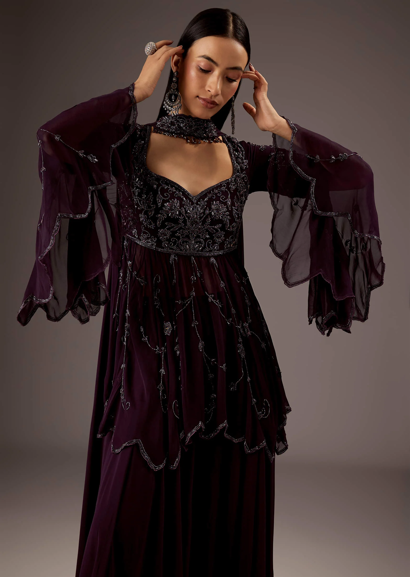 Purple Silk Palazzo Suit With Elegant Hand Work - Image 5
