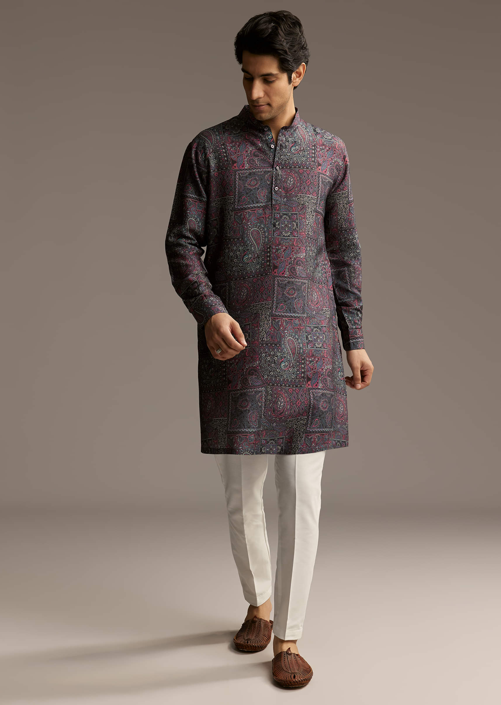 Purple Silk Printed Designer Kurta For Men - Image 2