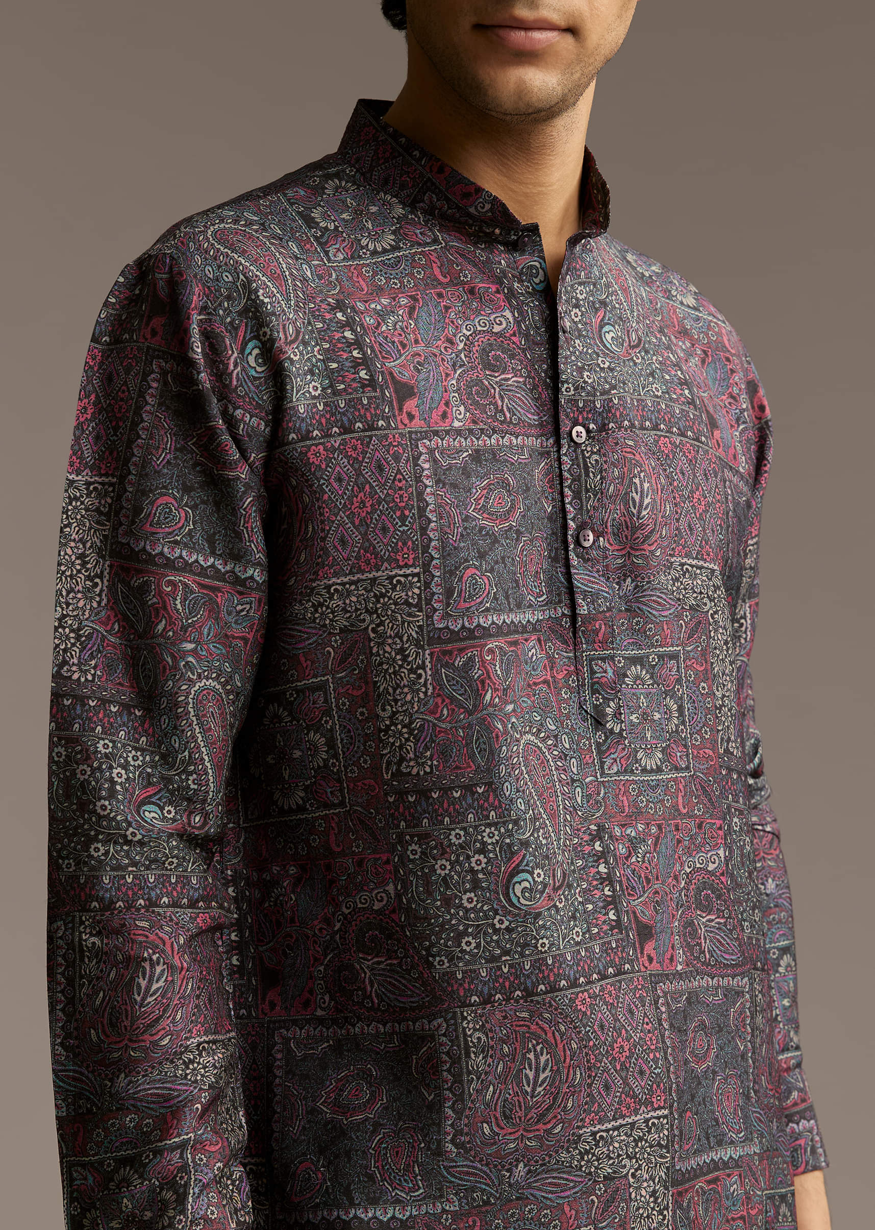 Purple Silk Printed Designer Kurta For Men - Image 3