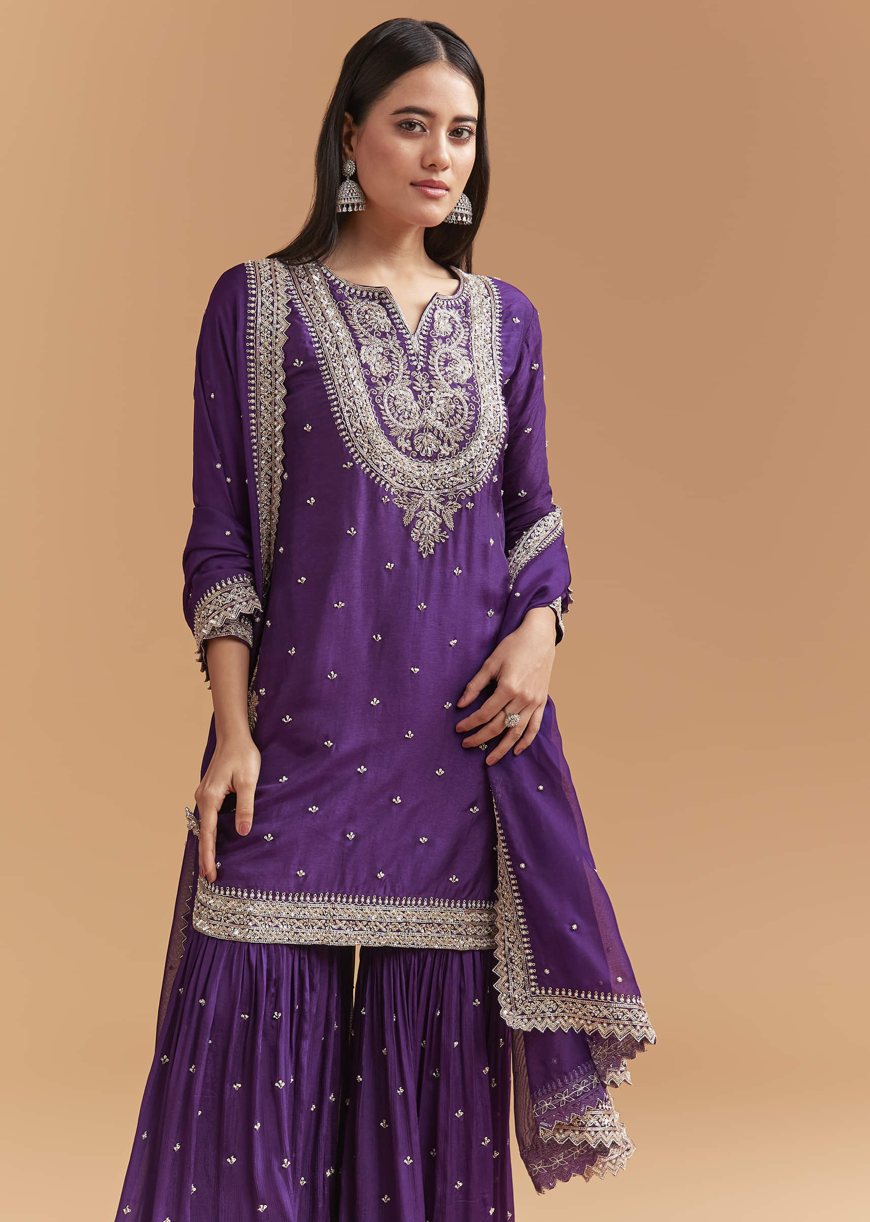 Purple Silk Sharara Suit With Heavy Hand Embroidery - Image 4