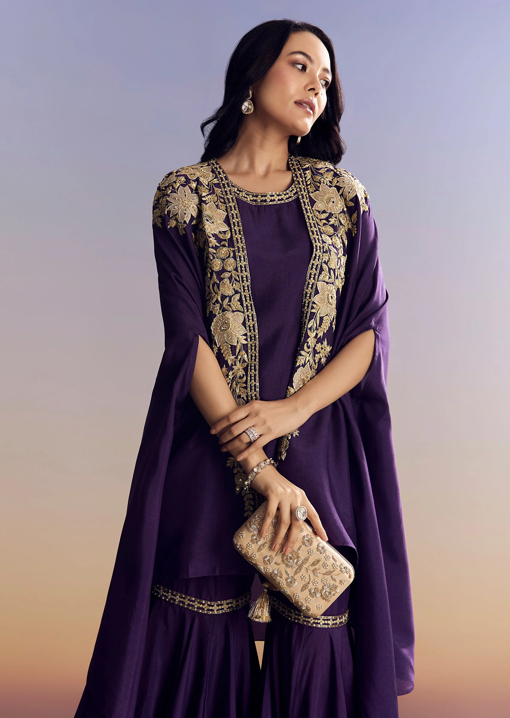 Purple Silk Sharara With Zari Cape - Image 3