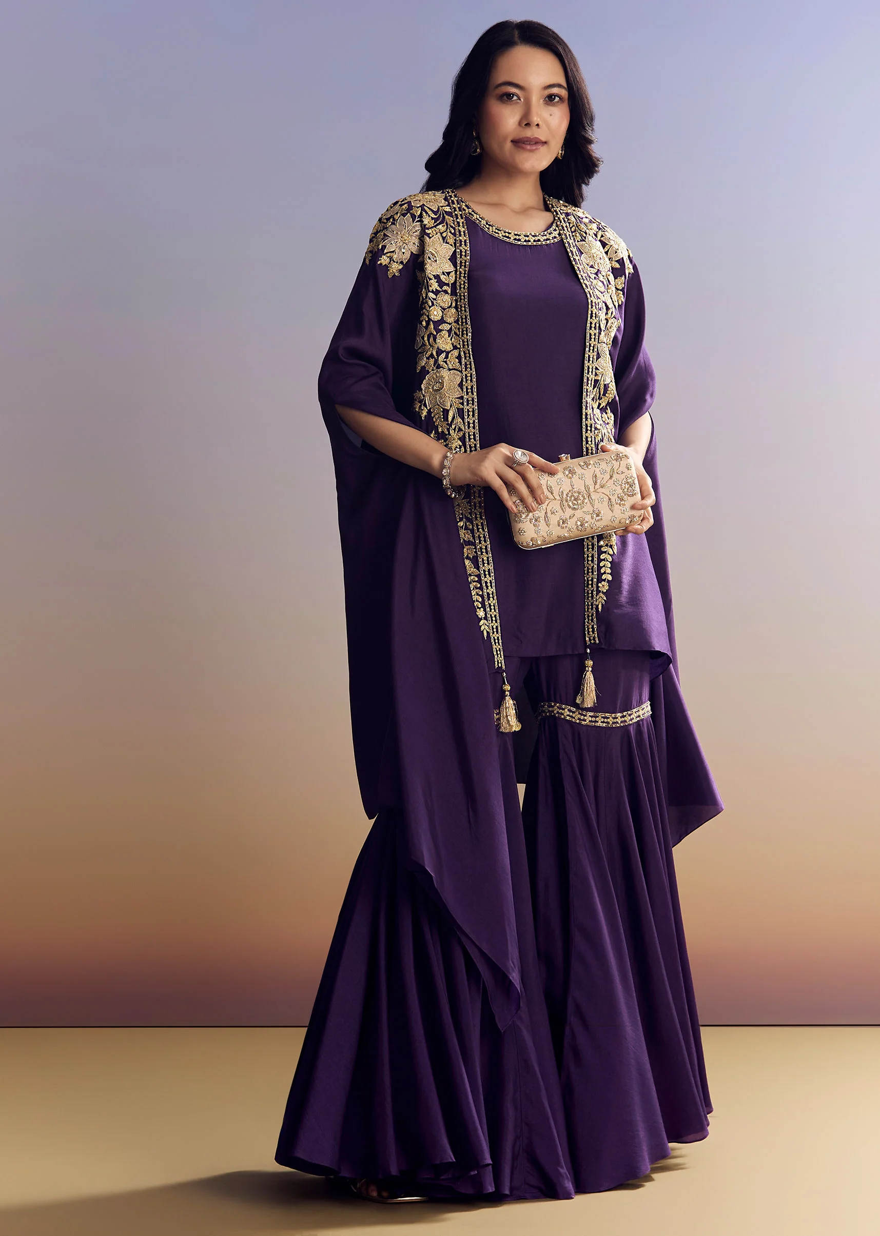 Purple Silk Sharara With Zari Cape - Image 4