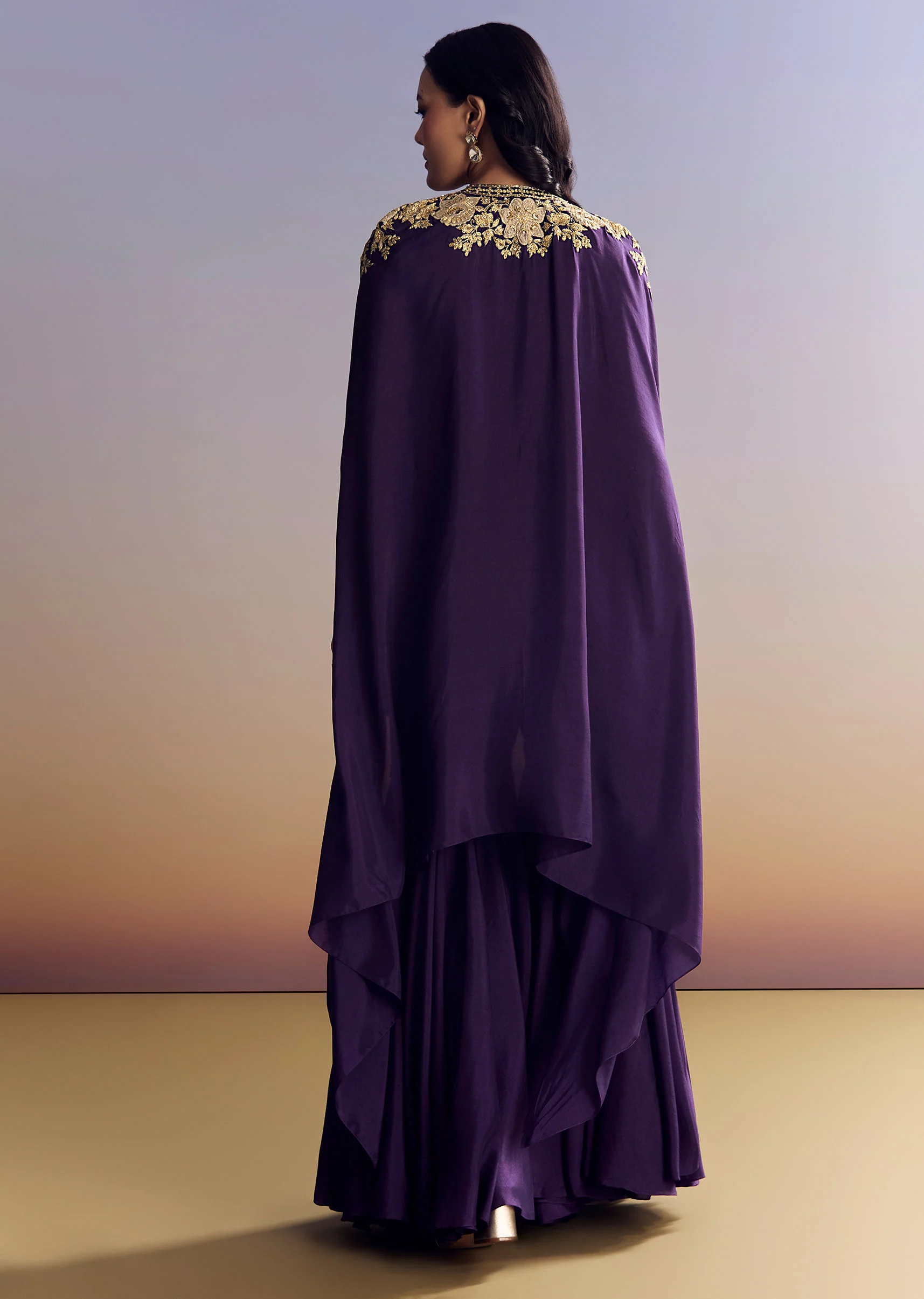 Purple Silk Sharara With Zari Cape - Image 5