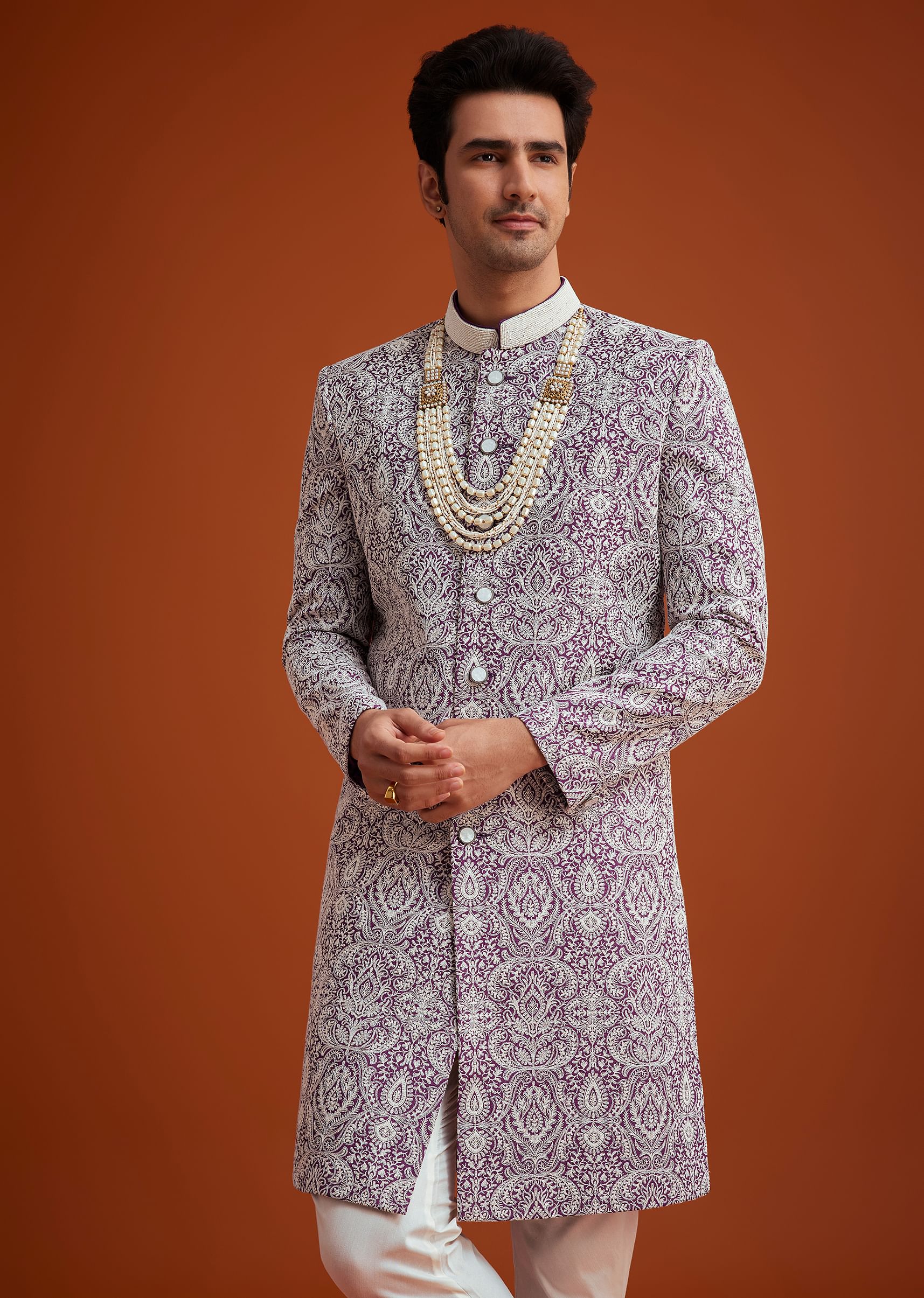 Purple Silk Sherwani Set With Bead Work - Image 3