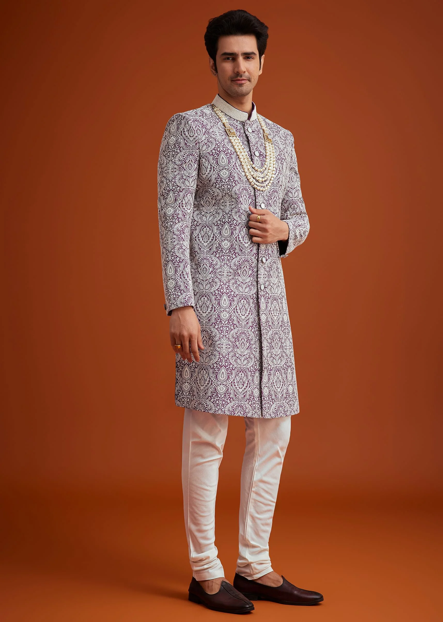 Purple Silk Sherwani Set With Bead Work - Image 4