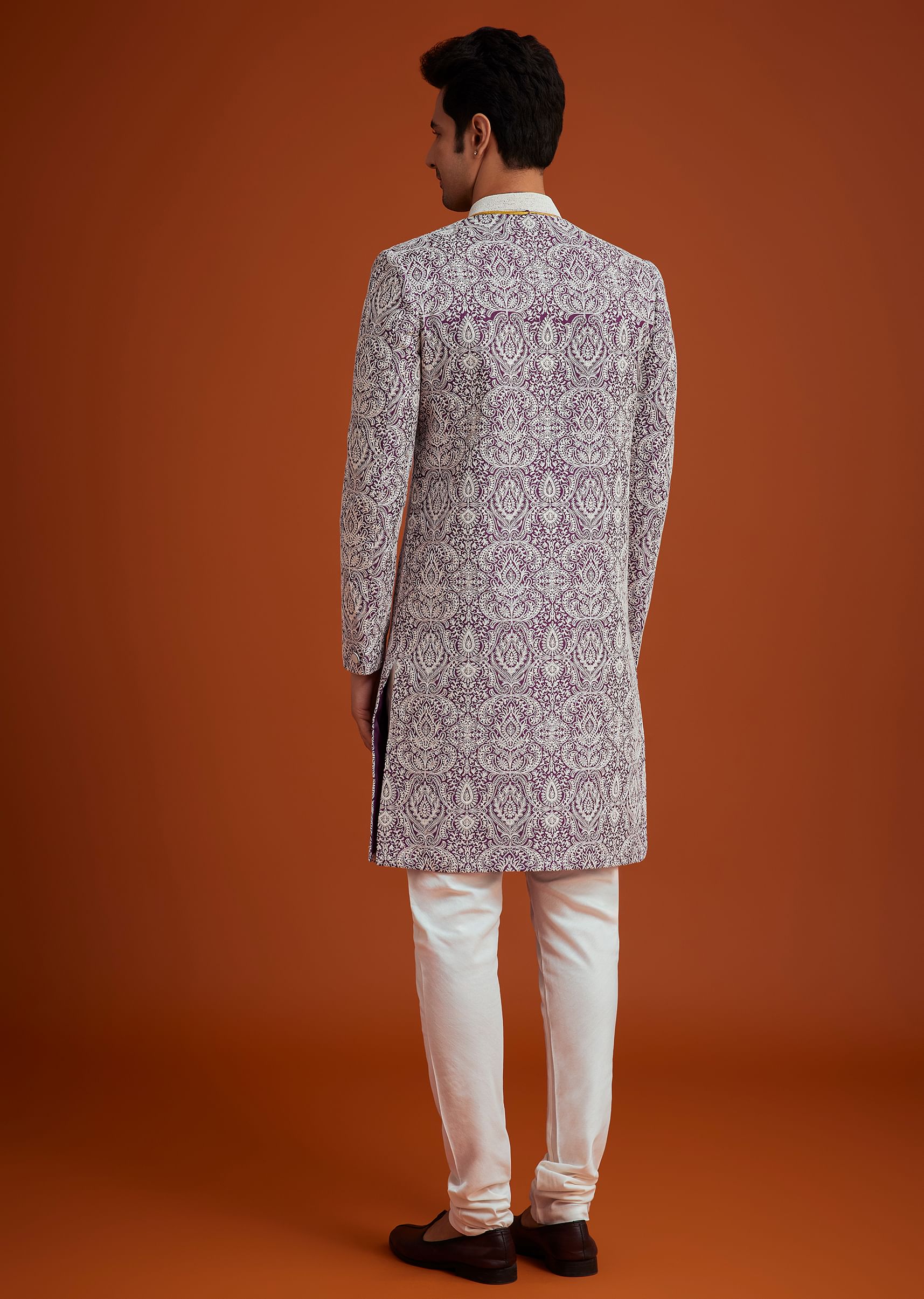 Purple Silk Sherwani Set With Bead Work - Image 6