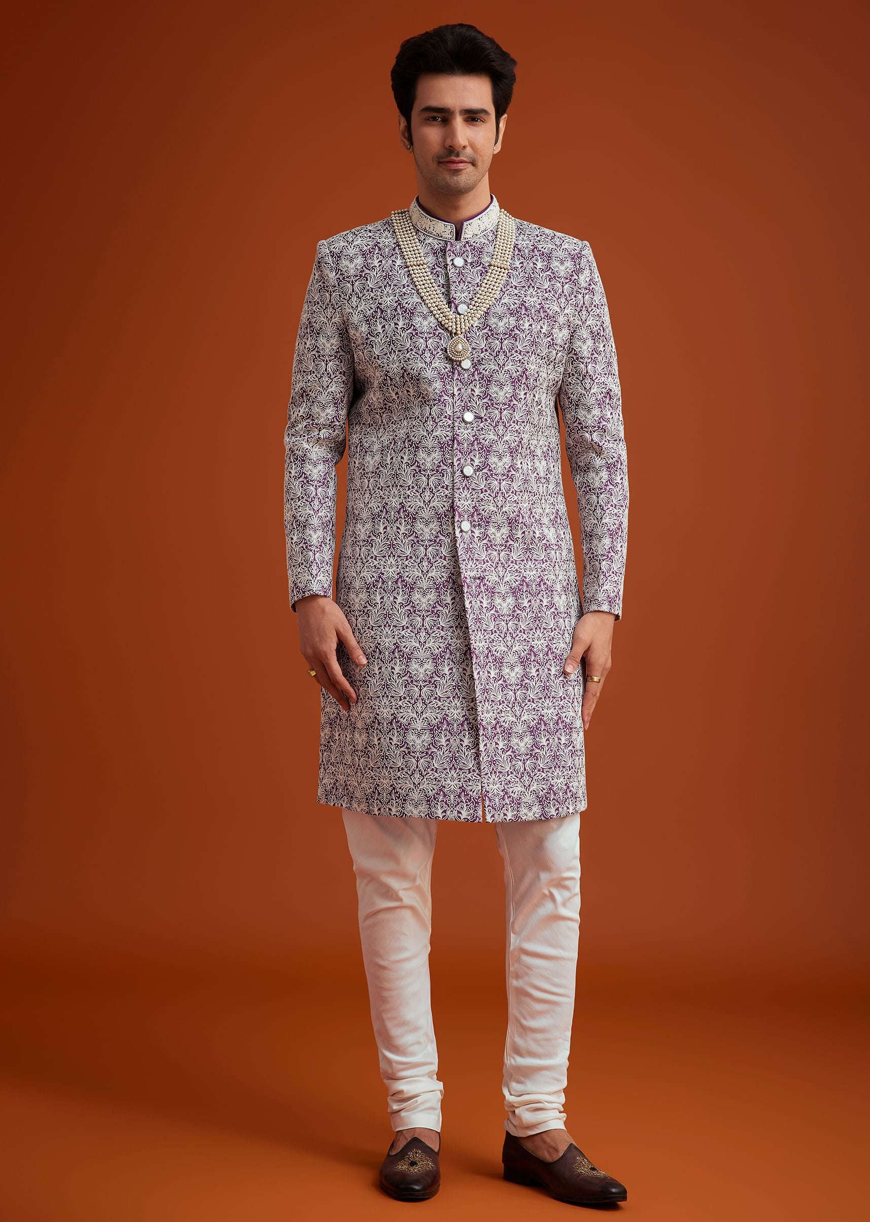 Purple Silk Sherwani Set With Bead Work And Embroidery - Image 4