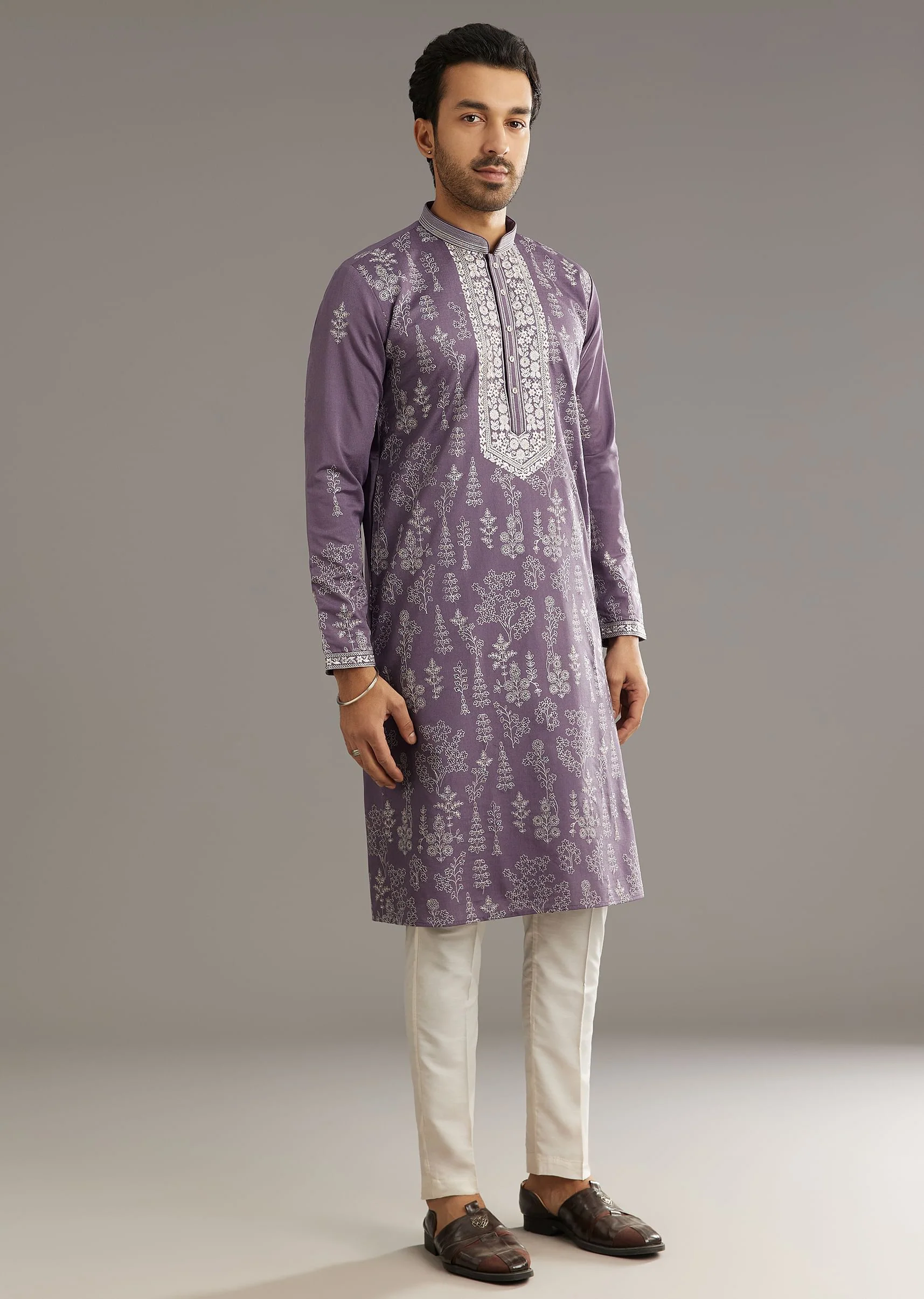 Purple Silk Vine Motif Threadwork Kurta Set