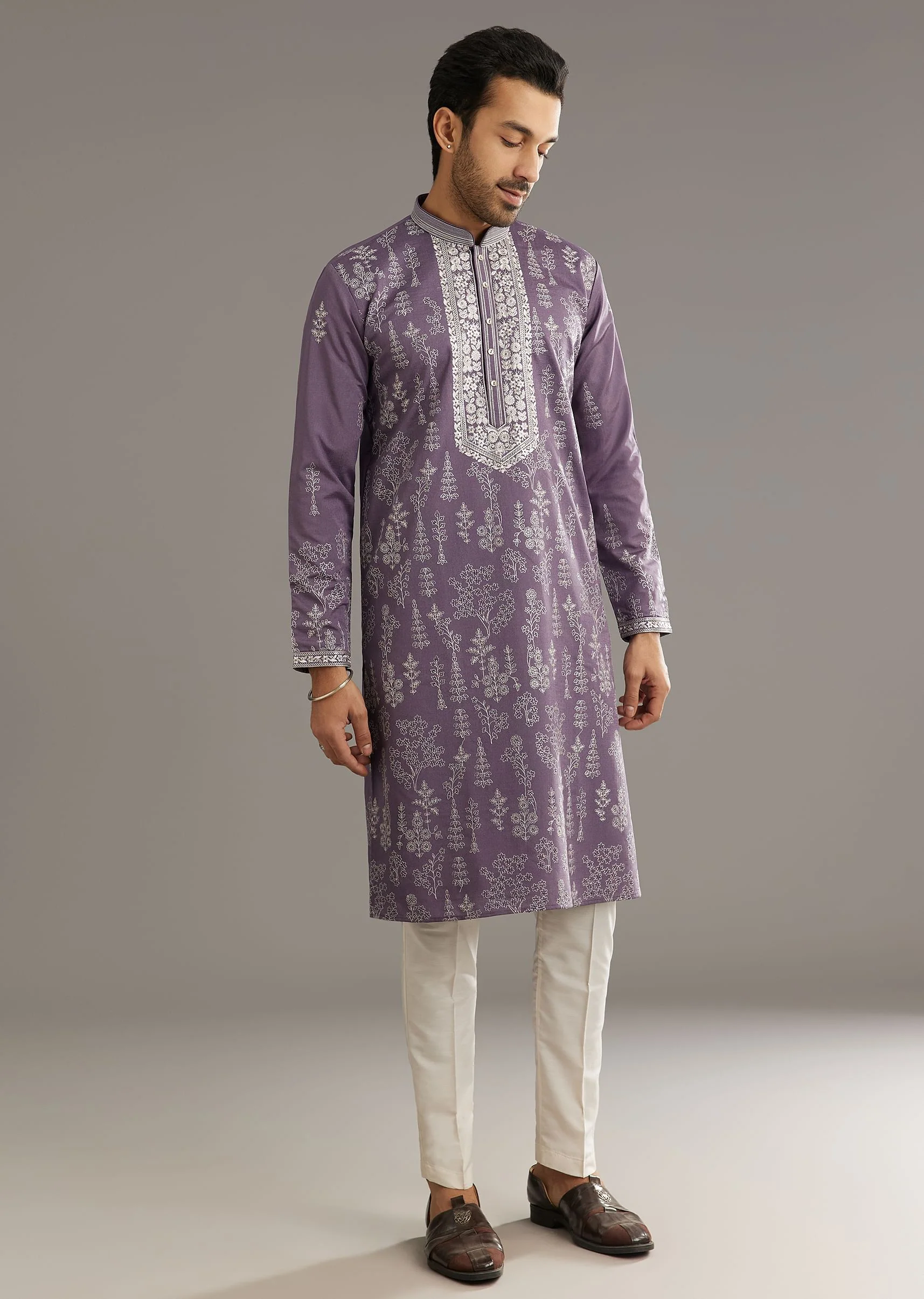 Purple Silk Vine Motif Threadwork Kurta Set - Image 3