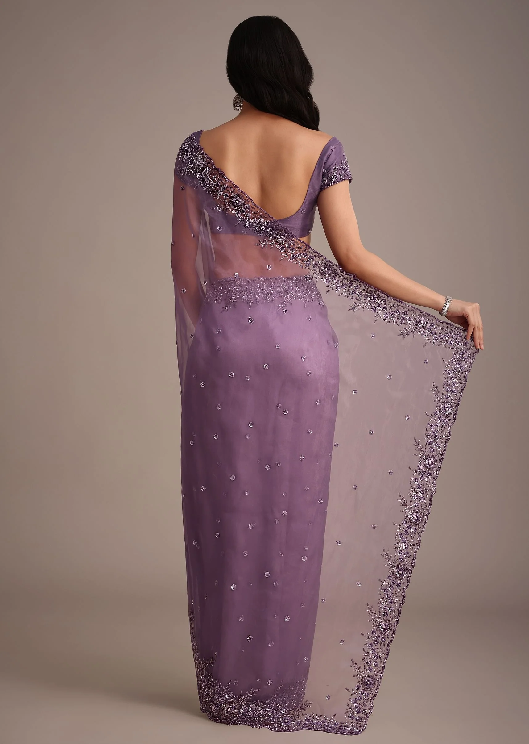 Purple Soft Organza Saree With Cutdana Sequins Embroidery - Image 4