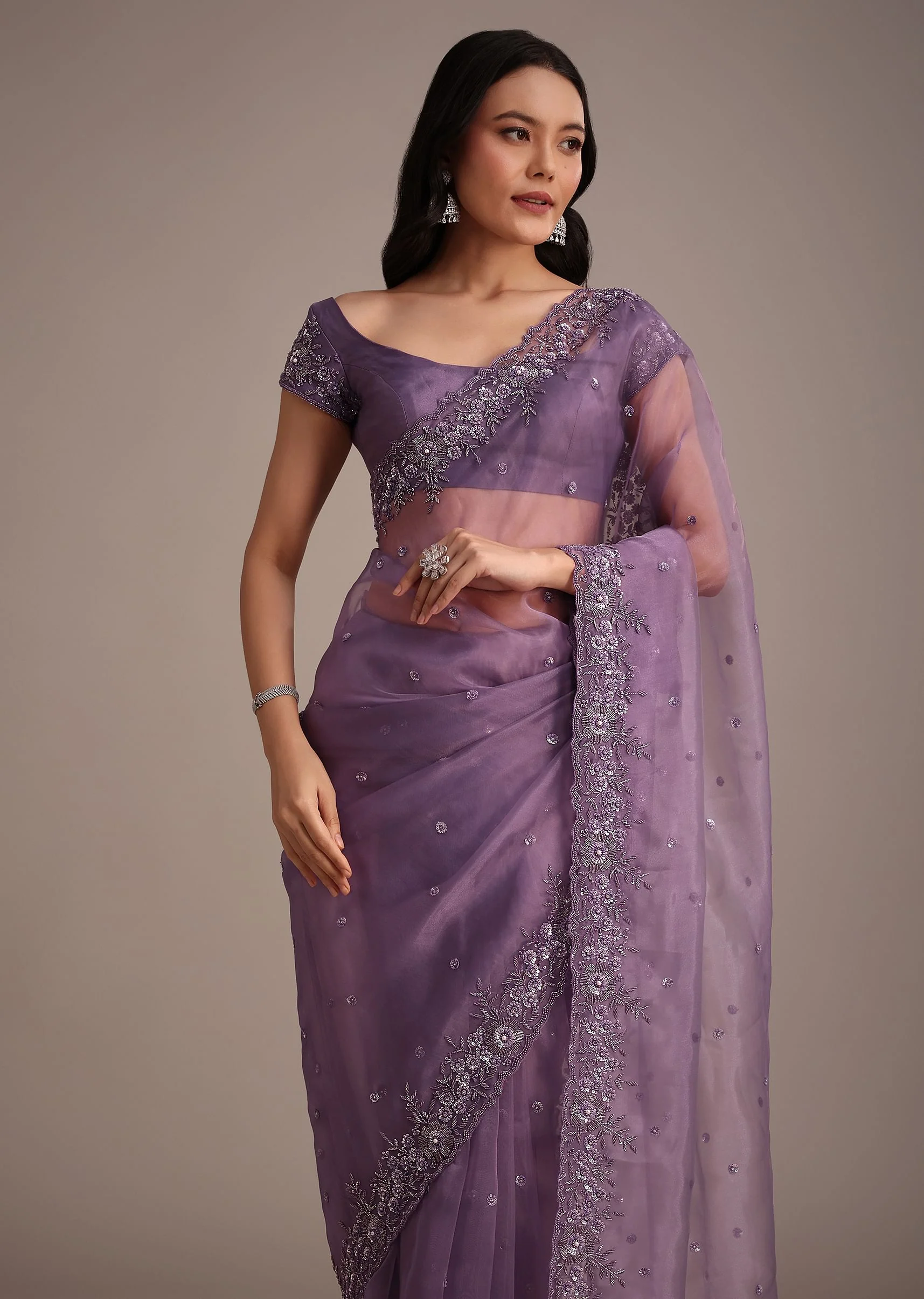 Purple Soft Organza Saree With Cutdana Sequins Embroidery - Image 5