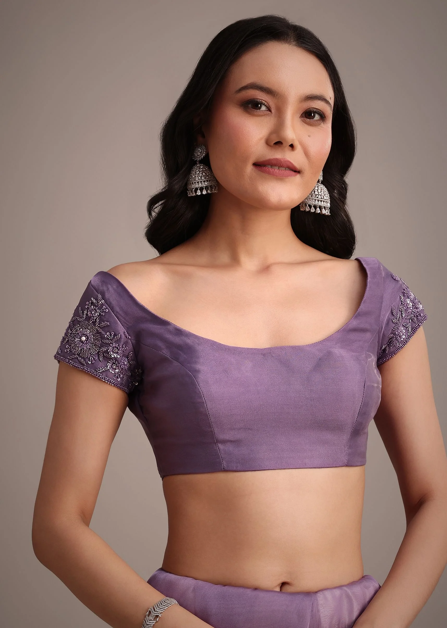 Purple Soft Organza Saree With Cutdana Sequins Embroidery - Image 7