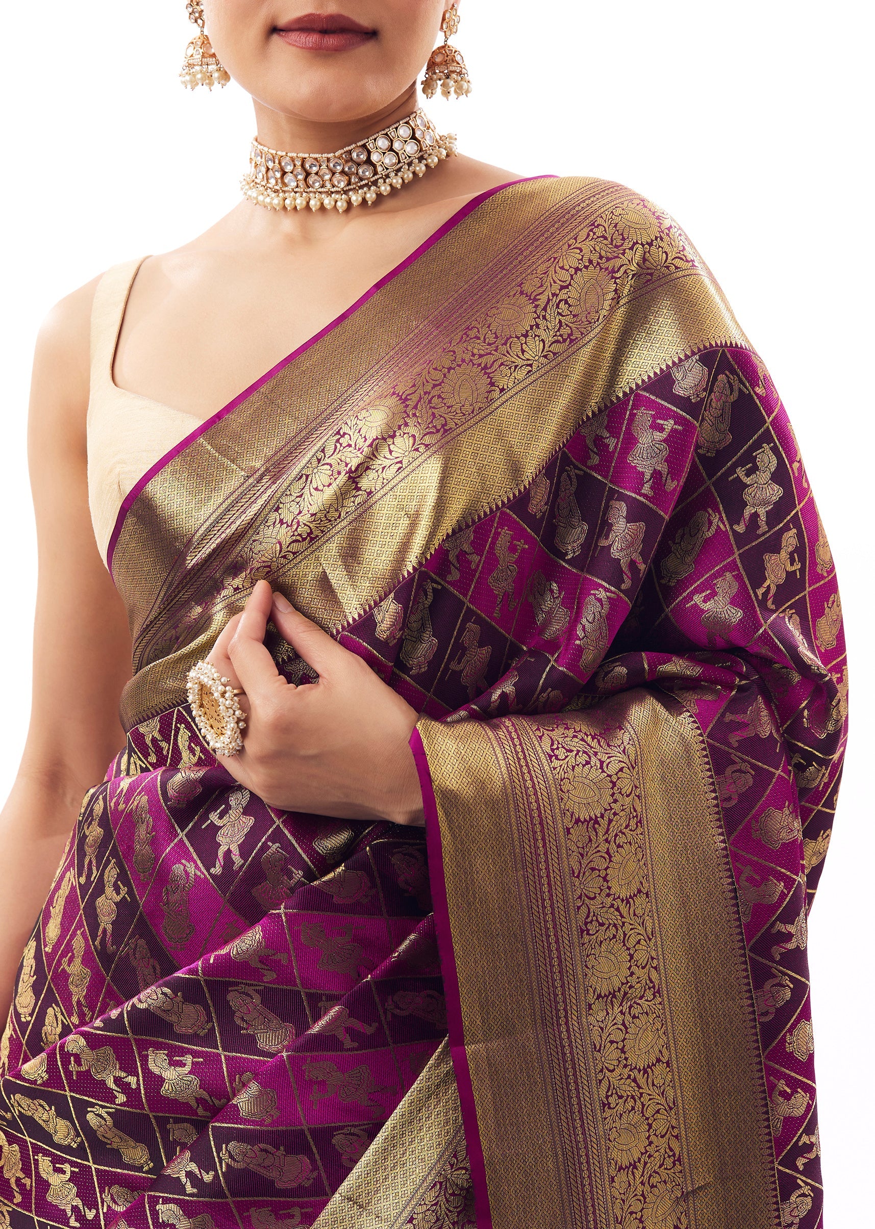 Purple South Silk Woven Saree With Geometric Weave And Antique Gold Border - Image 2