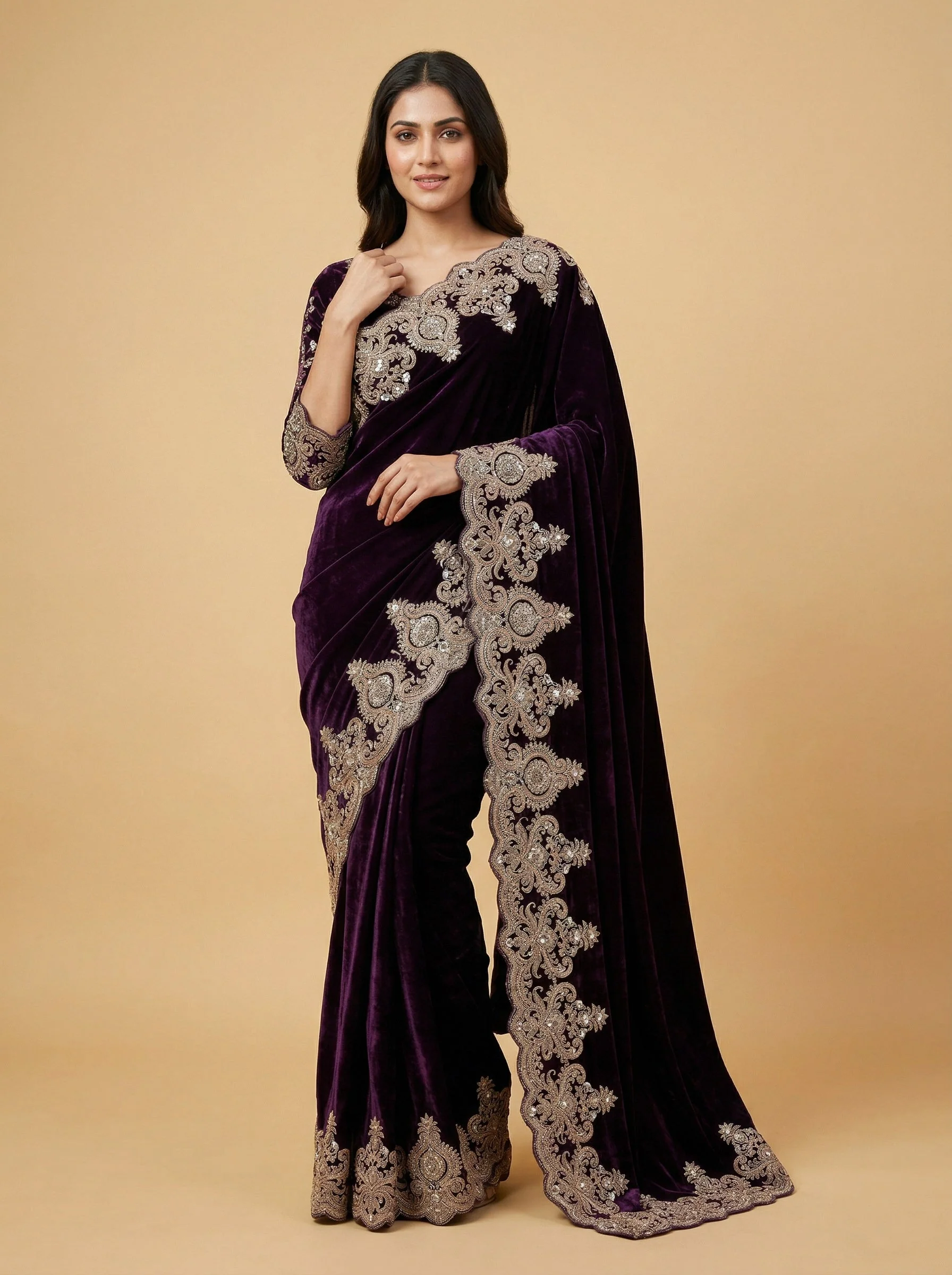 Purple Tailored Embroidered Saree