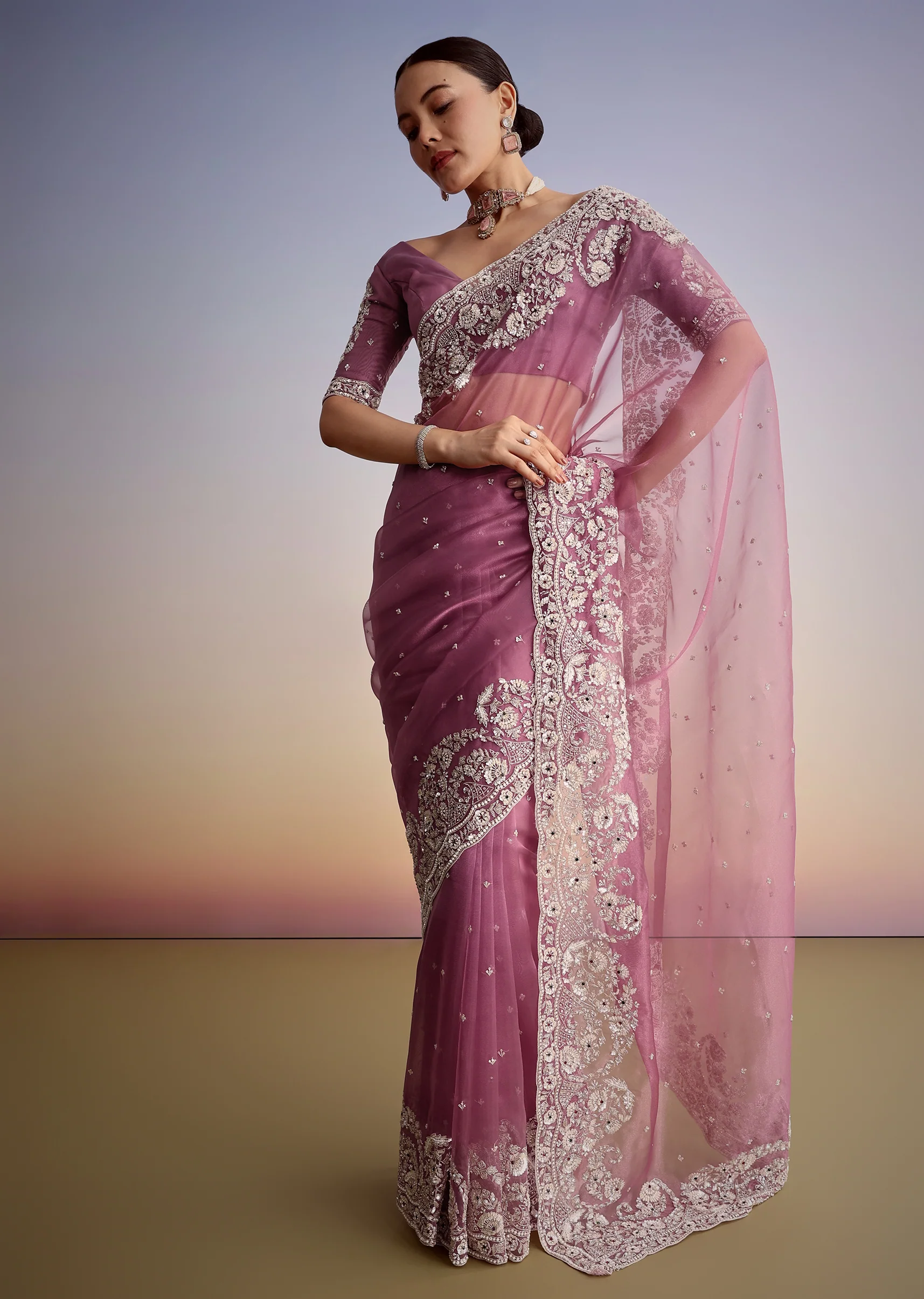 Purple Tissue Embellished Saree With Floral Embroidery All Over - Image 10