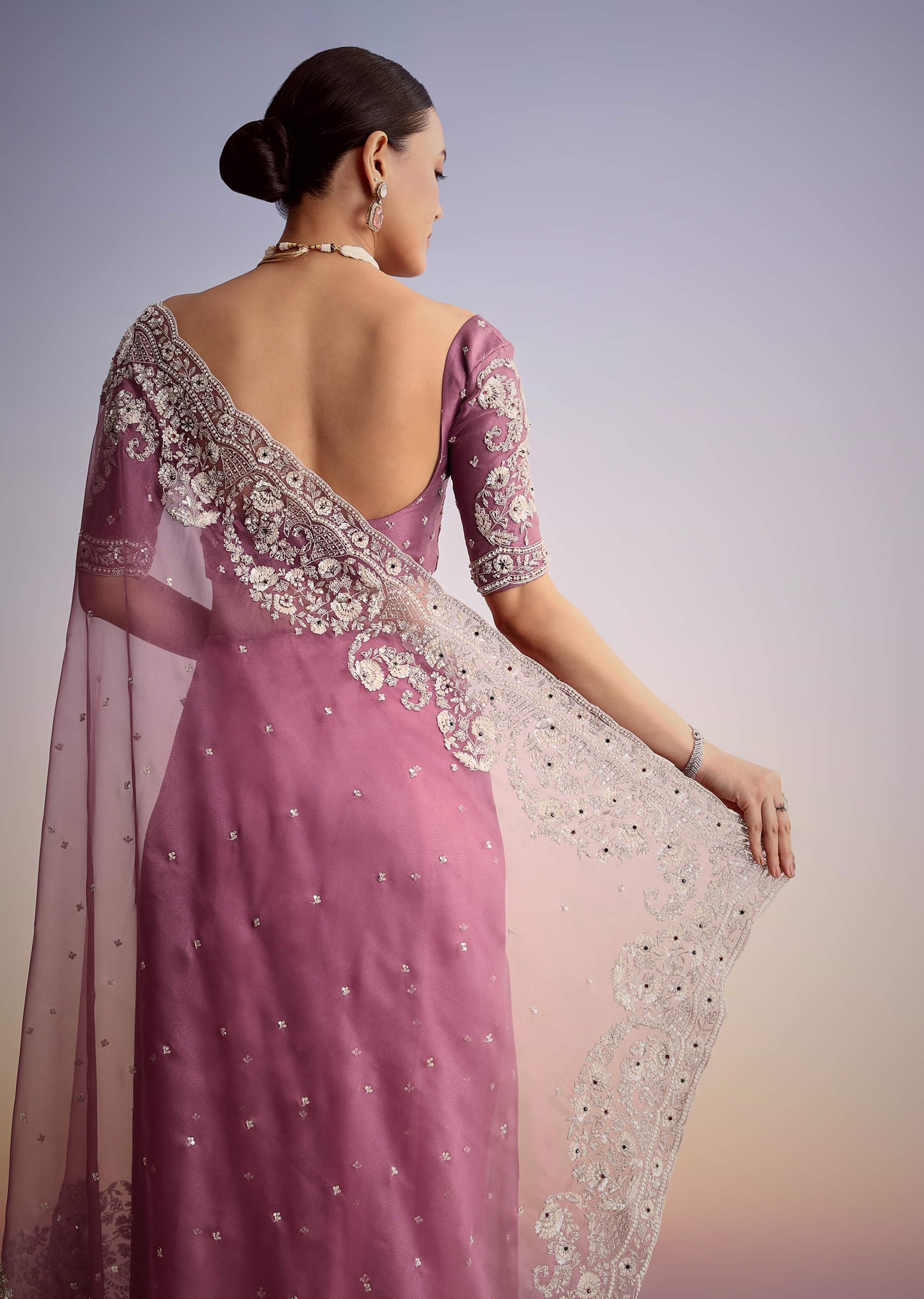 Purple Tissue Embellished Saree With Floral Embroidery All Over - Image 4