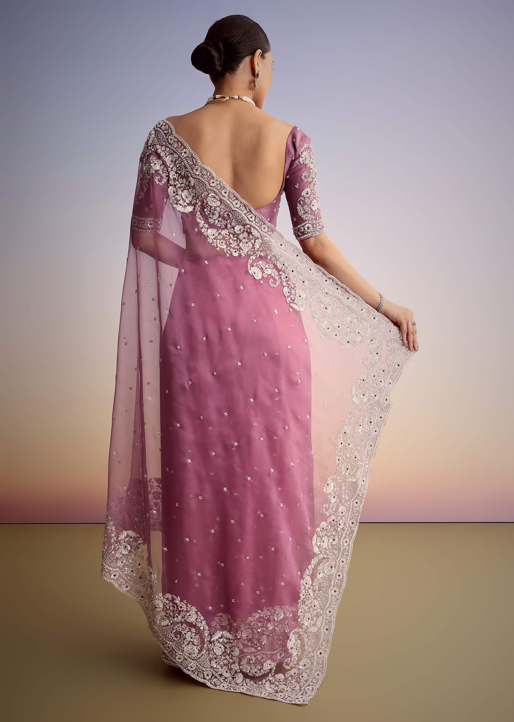 Purple Tissue Embellished Saree With Floral Embroidery All Over - Image 6