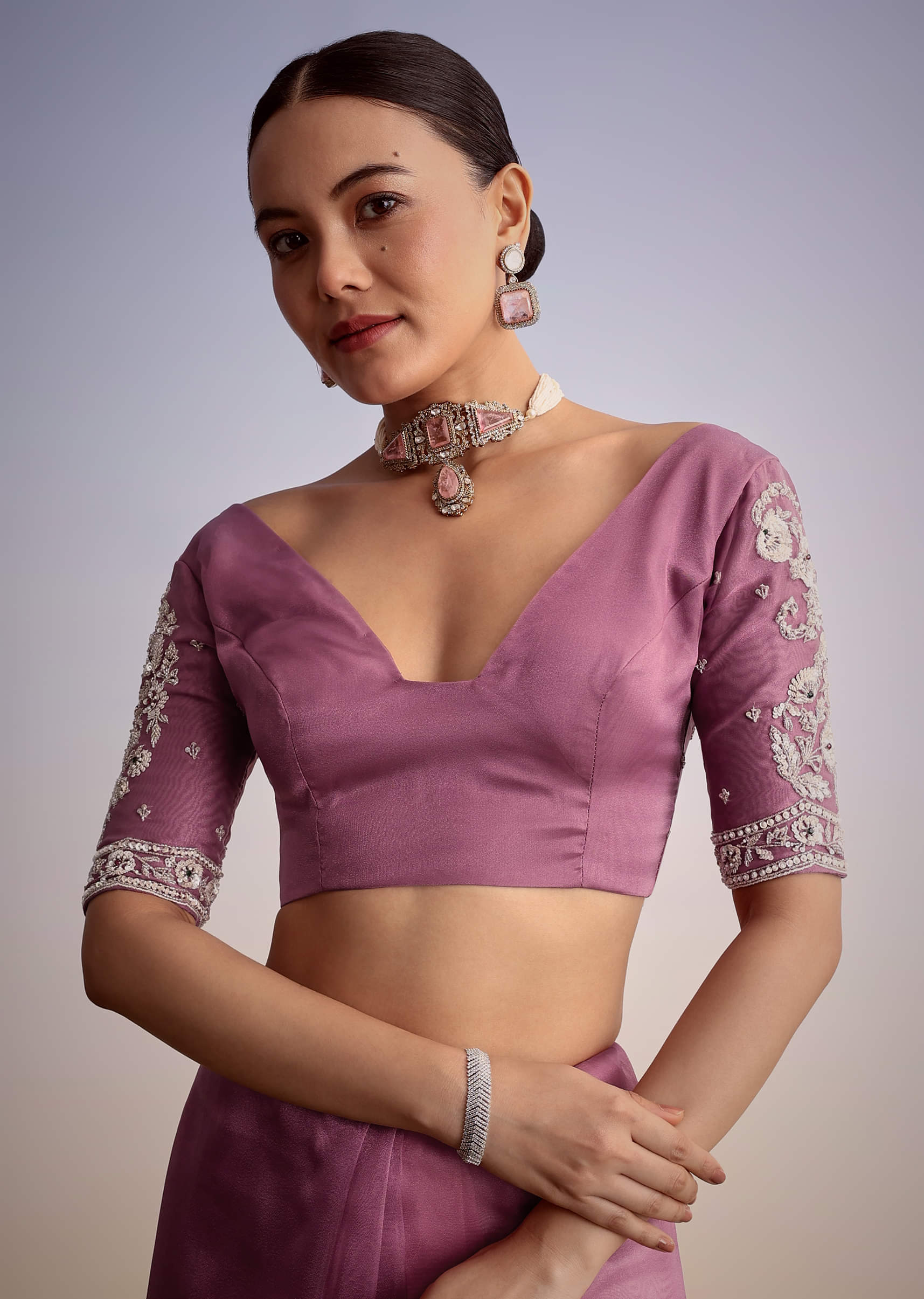 Purple Tissue Embellished Saree With Floral Embroidery All Over - Image 7