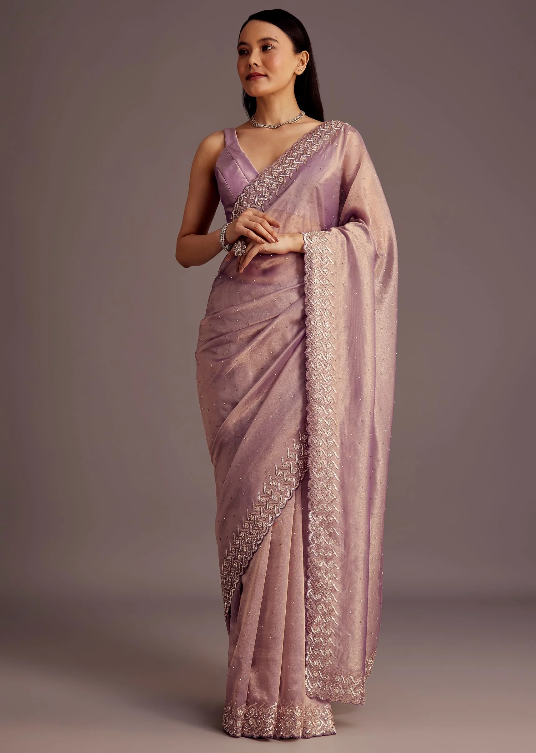 Purple Tissue Saree With Cutdana And Stone Embroidery