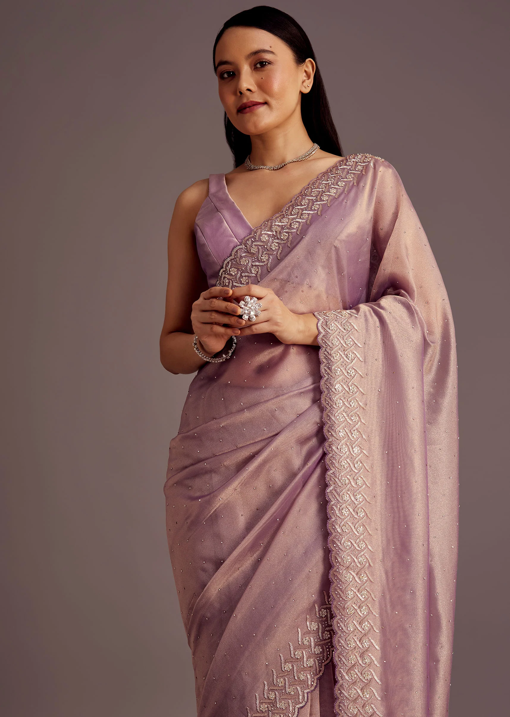 Purple Tissue Saree With Cutdana And Stone Embroidery - Image 2