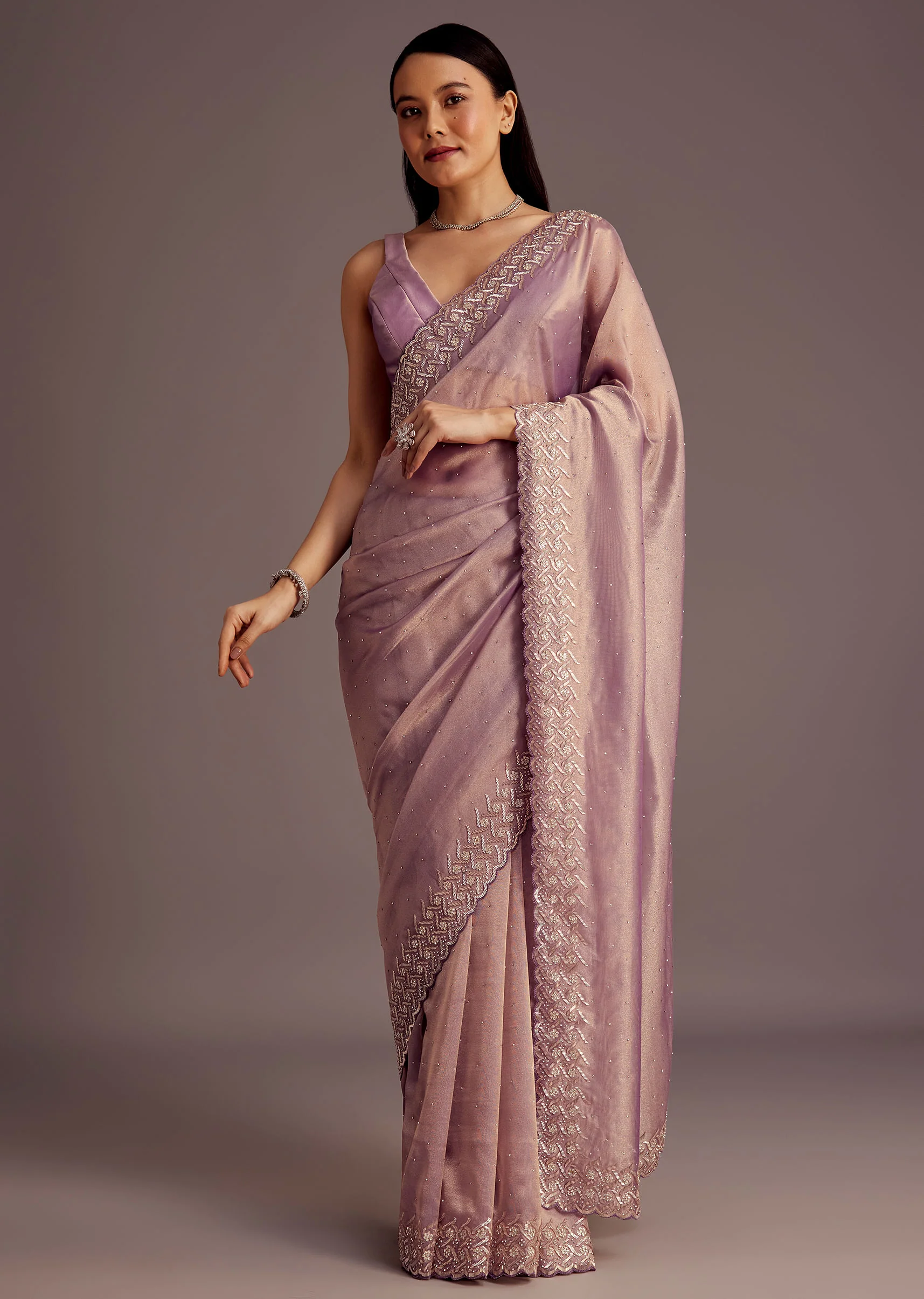Purple Tissue Saree With Cutdana And Stone Embroidery - Image 3