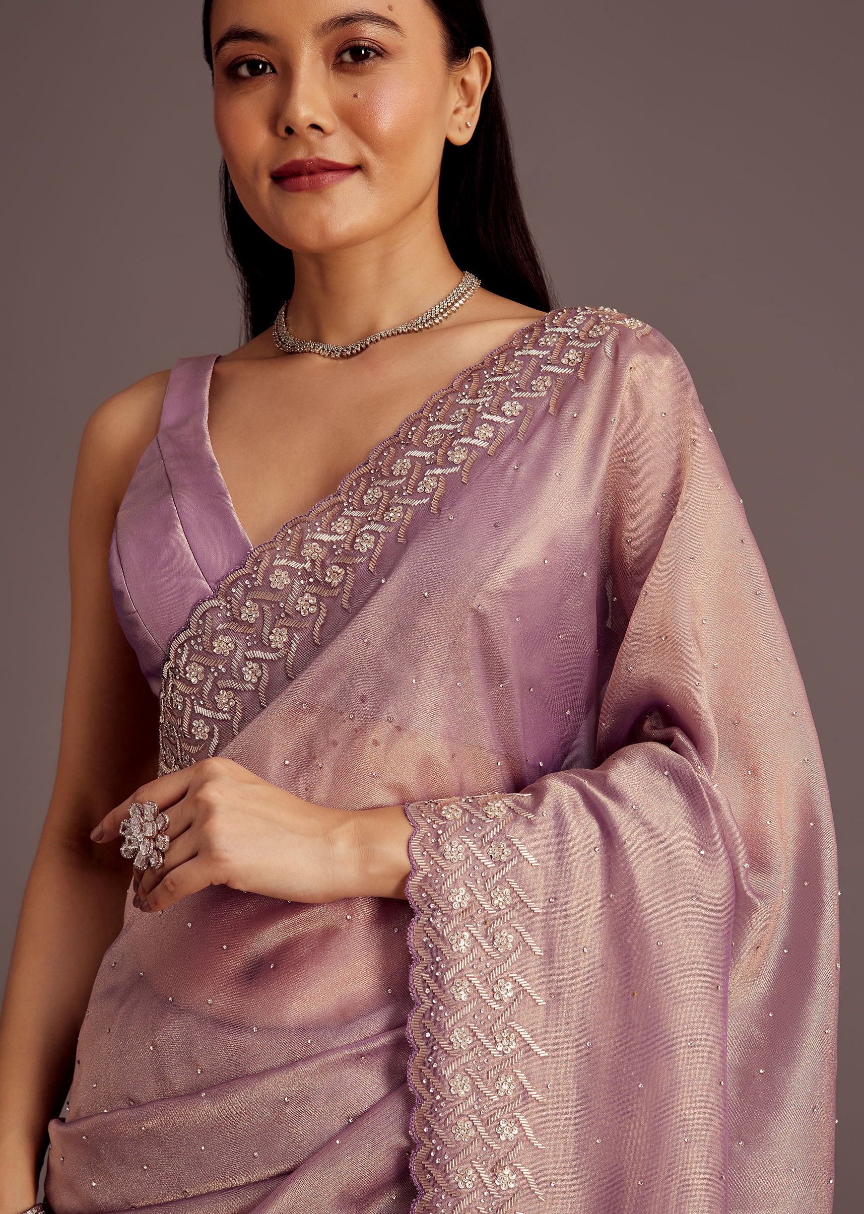 Purple Tissue Saree With Cutdana And Stone Embroidery - Image 5
