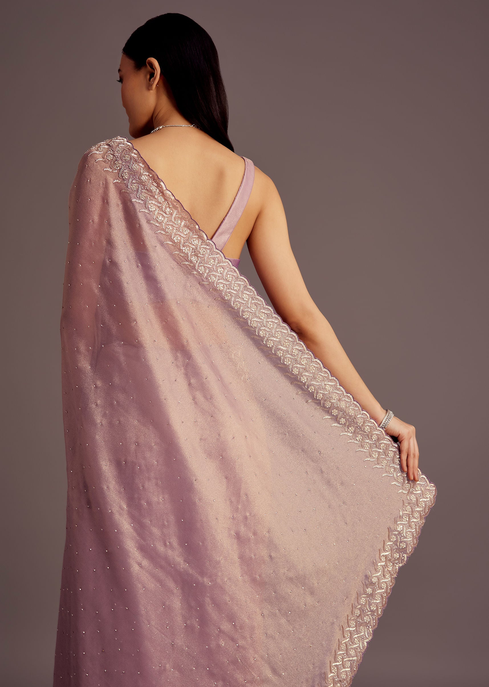 Purple Tissue Saree With Cutdana And Stone Embroidery - Image 6
