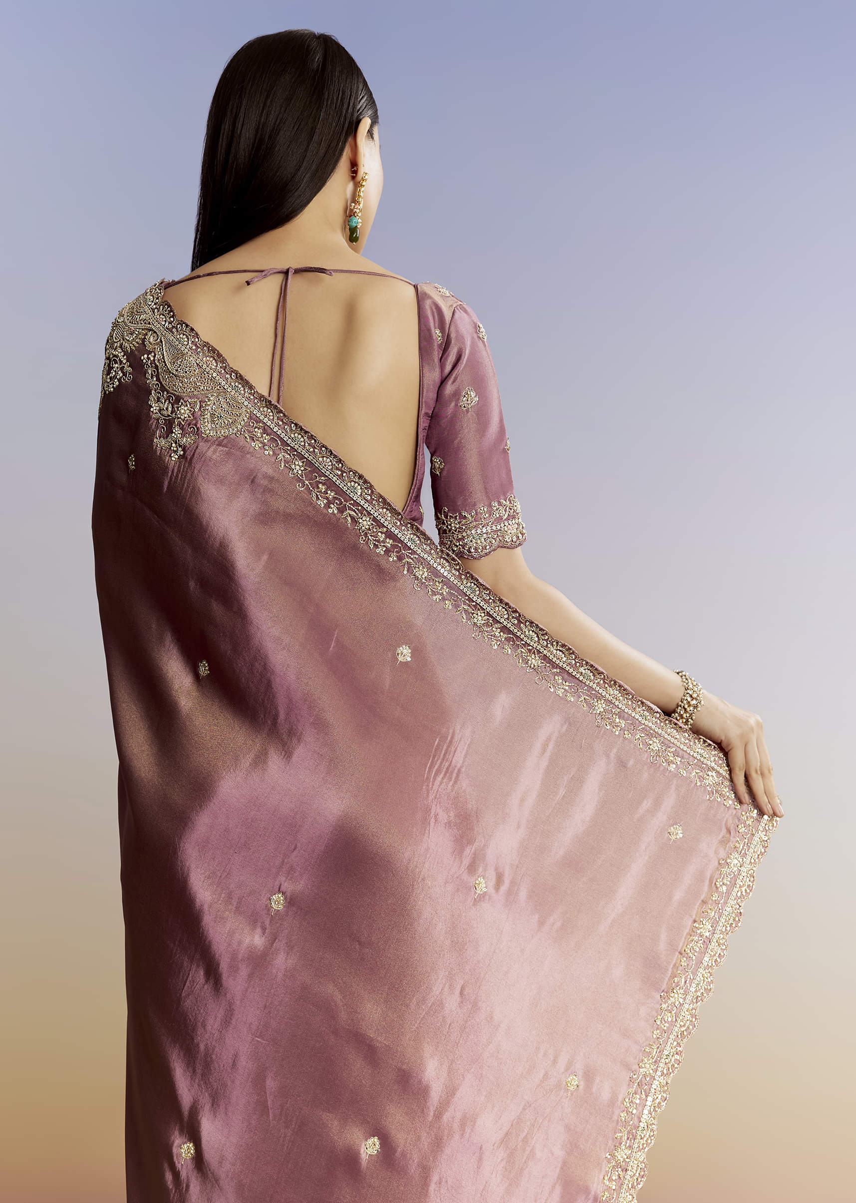 Purple Tissue Saree With Cutdana Sequins And Resham Knot Work - Image 4