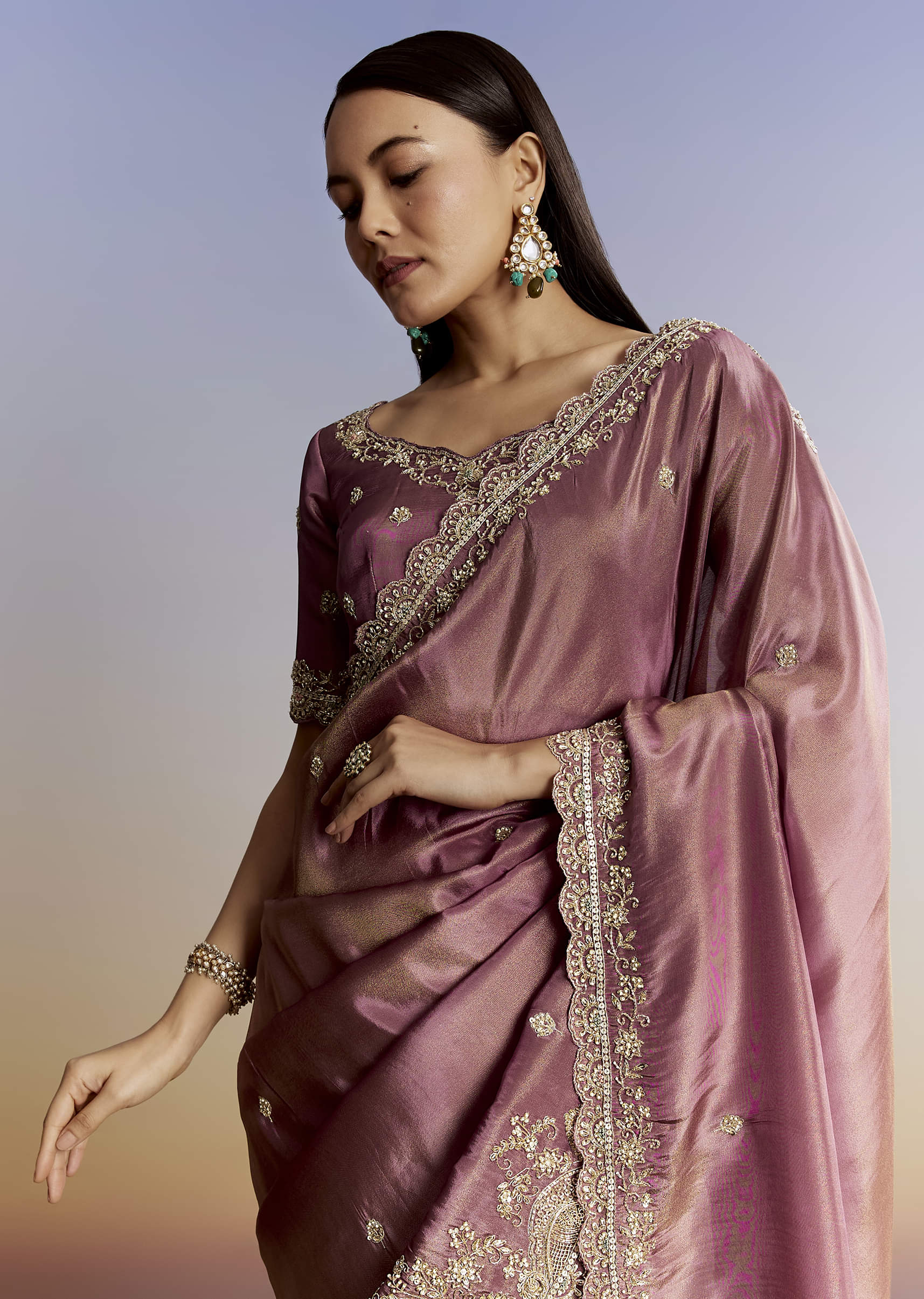 Purple Tissue Saree With Cutdana Sequins And Resham Knot Work - Image 5