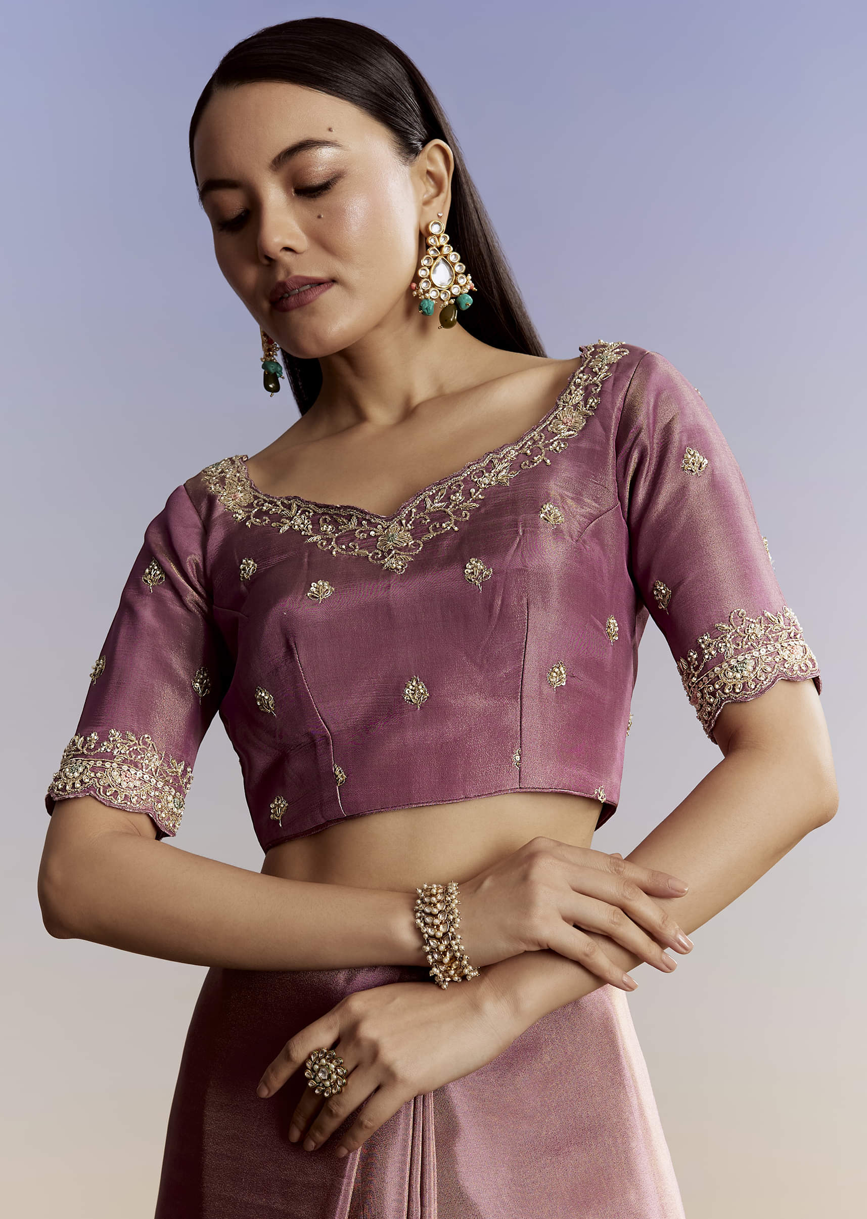 Purple Tissue Saree With Cutdana Sequins And Resham Knot Work - Image 7